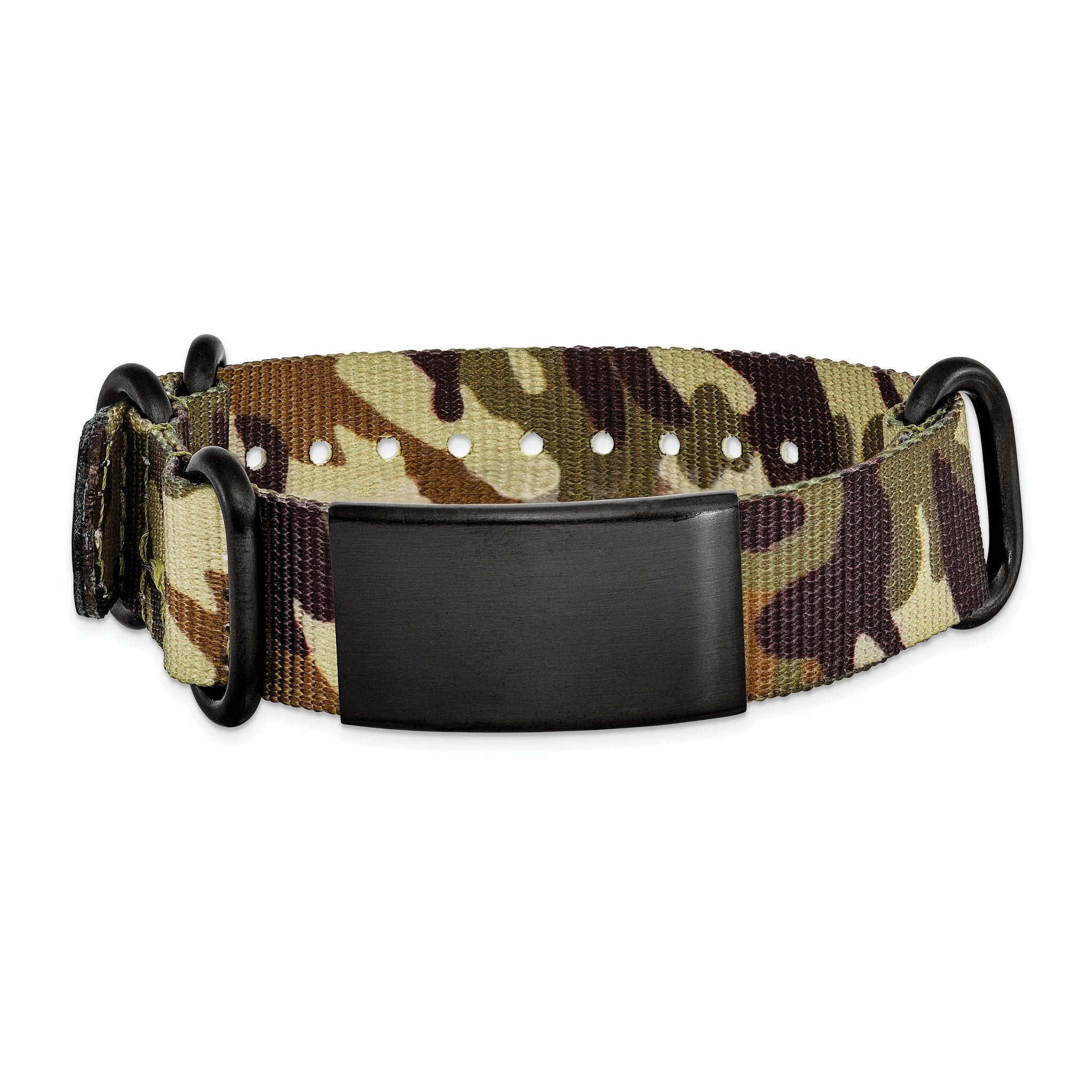 Stainless Steel Brushed Blk IP Brown Camo Fabric Adjustable ID Bracelet for Men