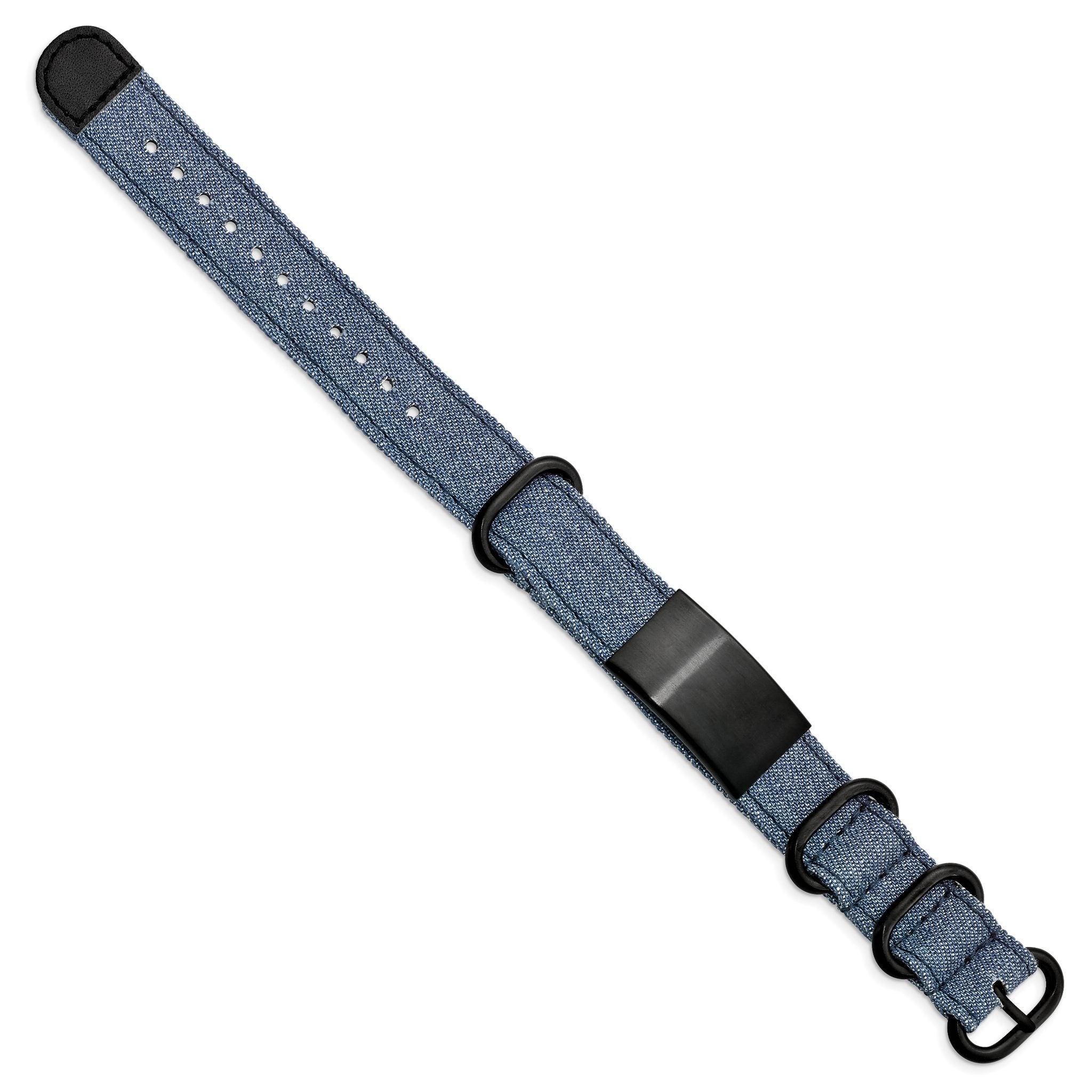 Stainless Steel Brushed Black IP-plated Blue Jean Fabric Adj. ID Bracelet for Men