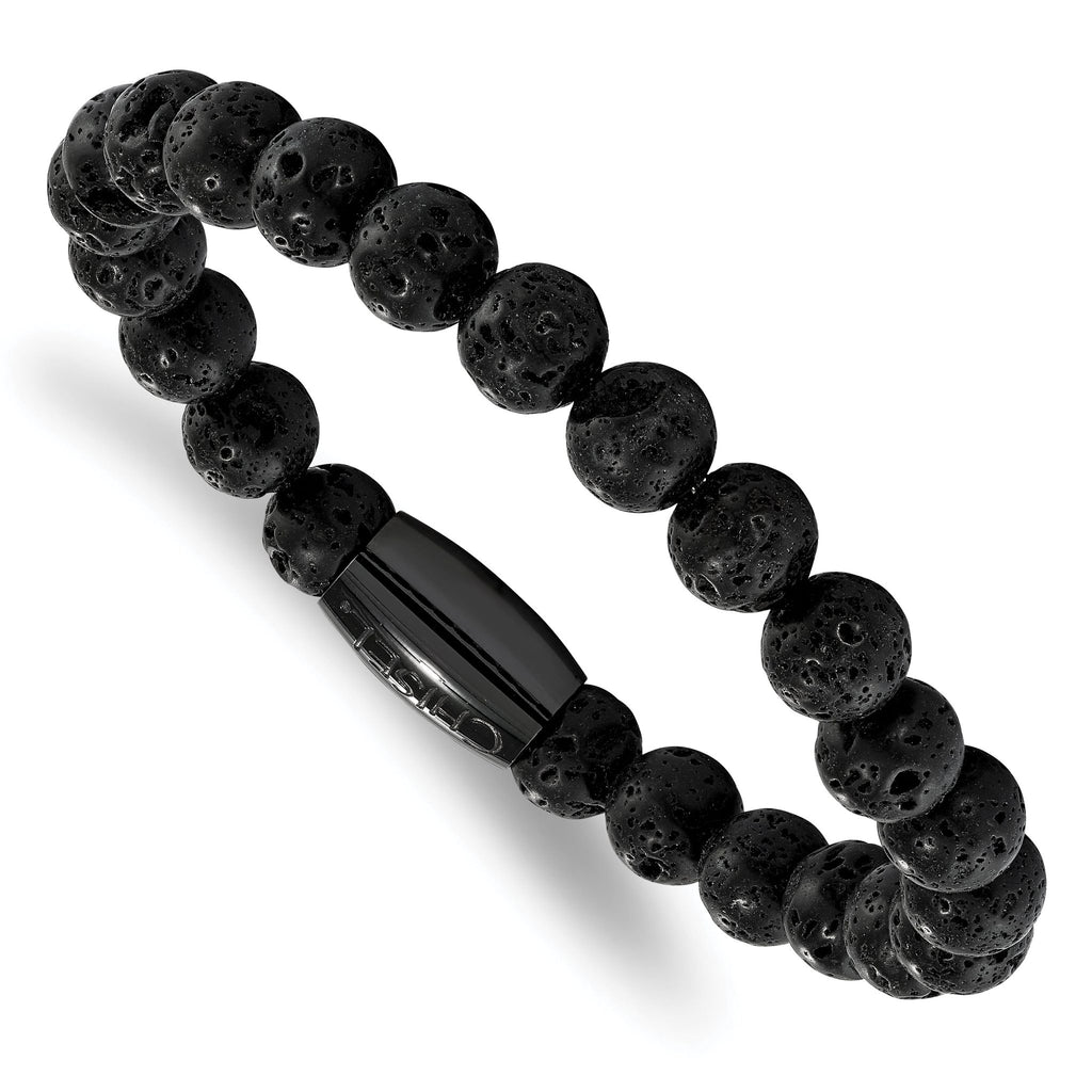 Stainless Steel Polished Black IP-plated 8mm Lava Rock Beaded Stretch Bracelet for Men