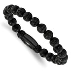 Stainless Steel Polished Black IP-plated 8mm Lava Rock Beaded Stretch Bracelet for Men