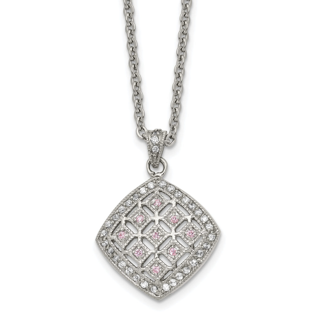 Clear & Pink CZ Square Pendant Necklace in Stainless Steel