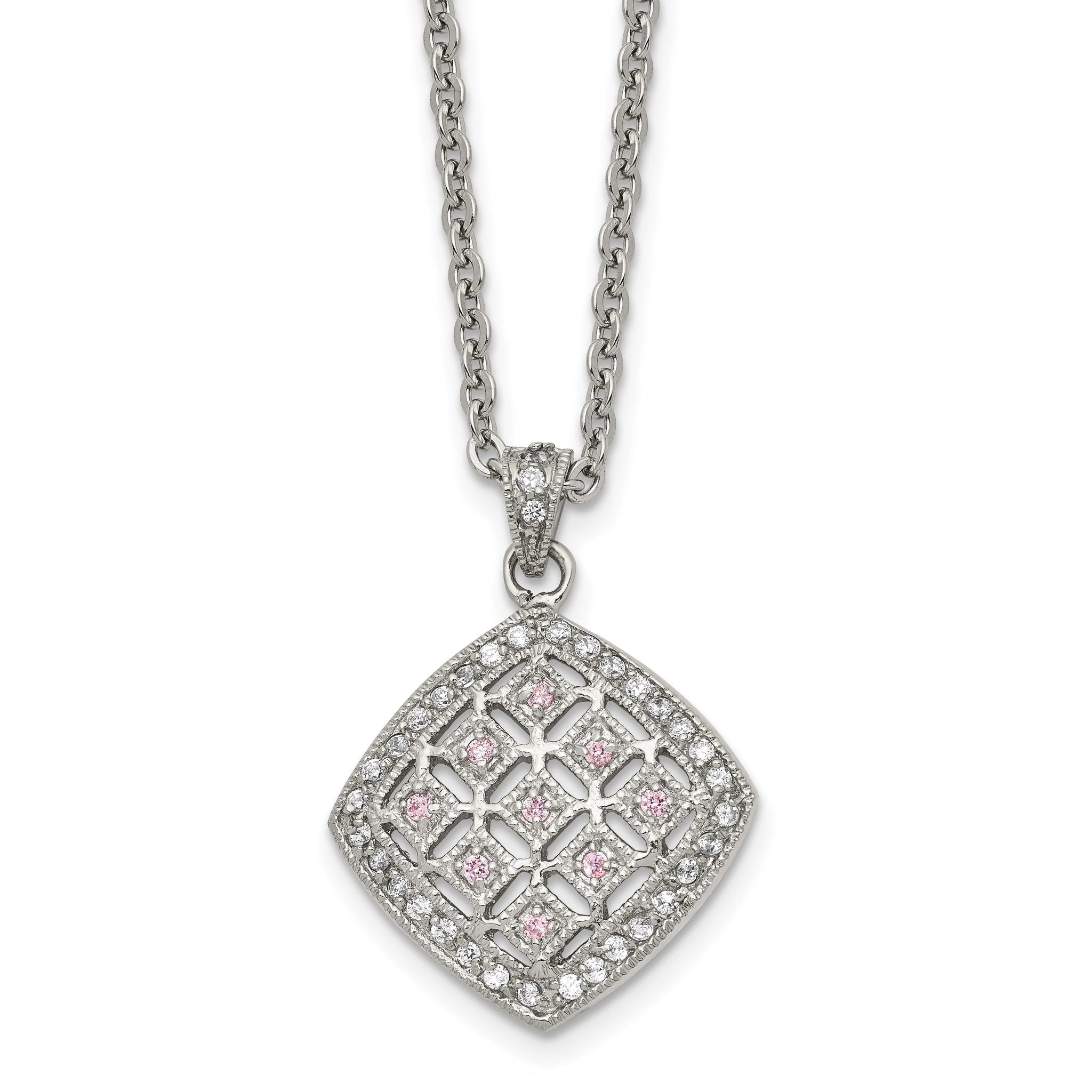 Clear & Pink CZ Square Pendant Necklace in Stainless Steel