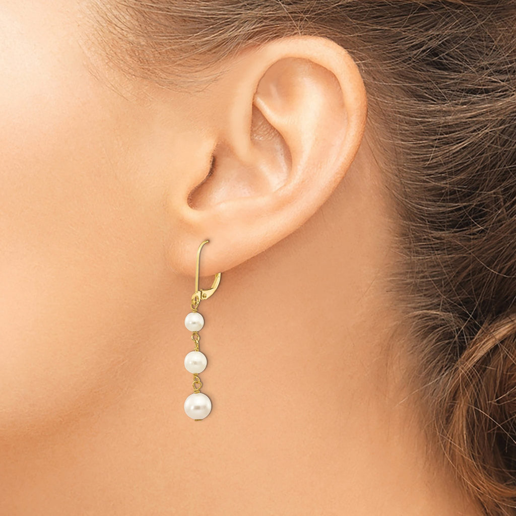 14k 4-6mm White Semi-round FW Cultured Pearl Gaduated Leverback Earrings
