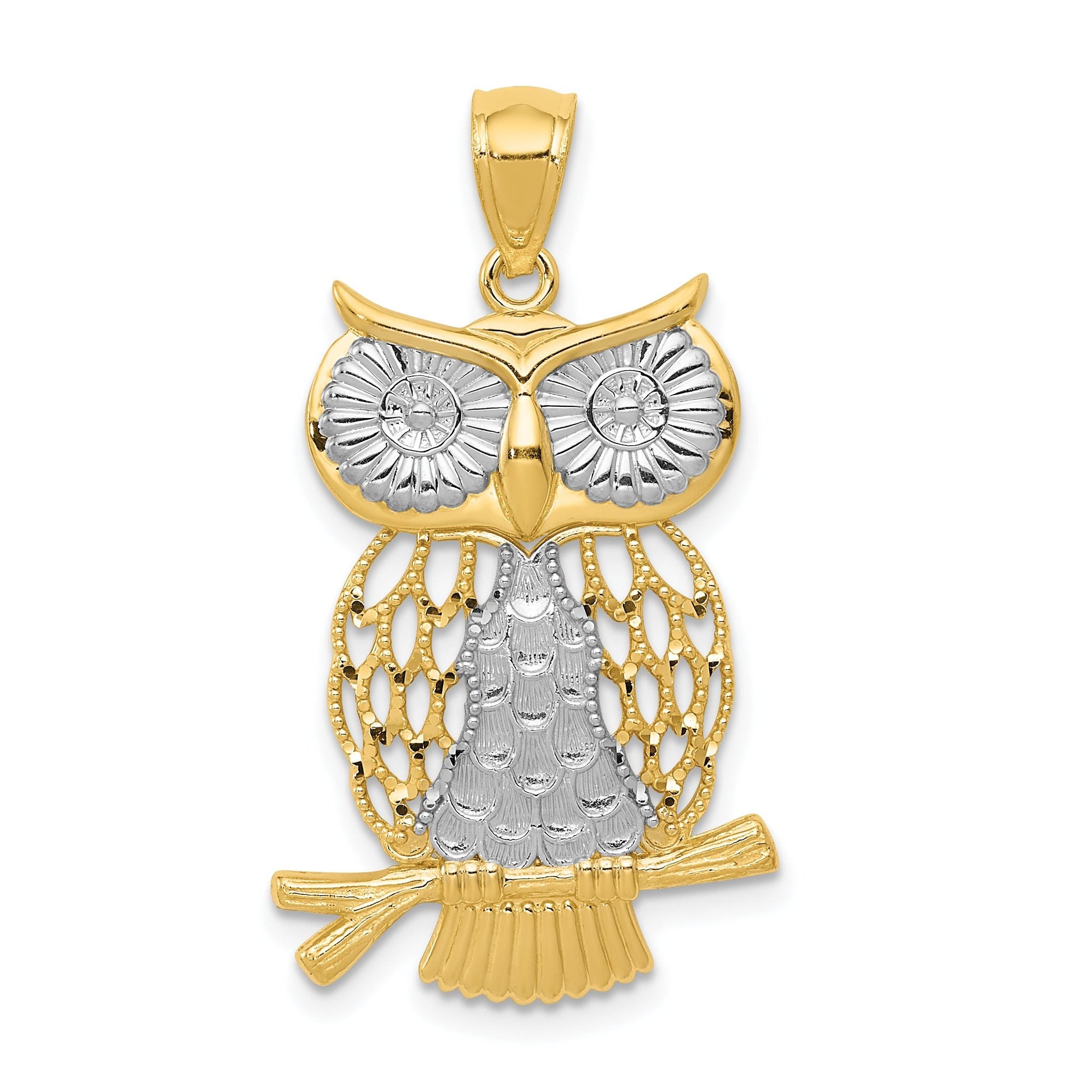 14K Gold Rhodium Diamond-Cut Moveable Owl Pendant Polished Finish Main image