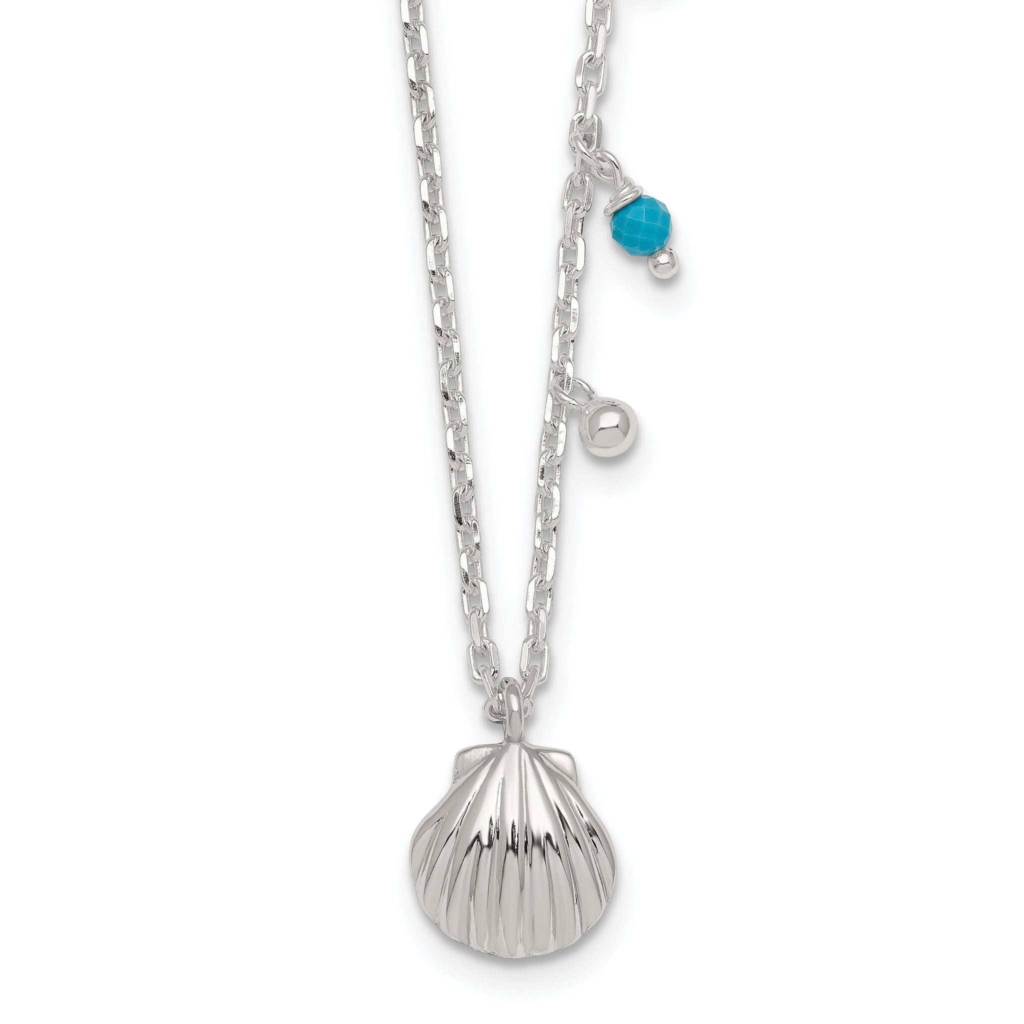 Sterling Silver Polished Beaded Turquoise and Grooved Seashell 16 inch with 2 inch Extension Necklace Main image