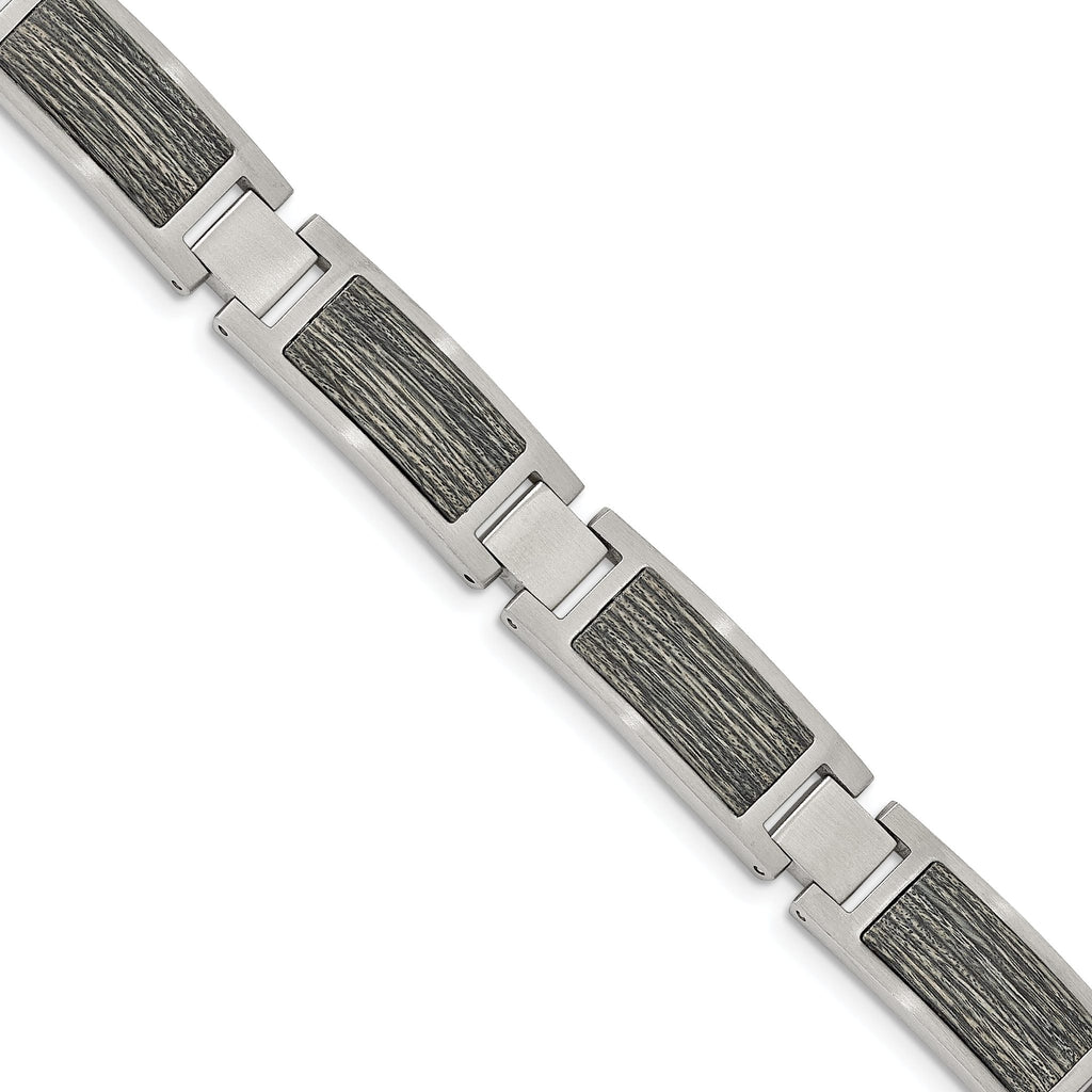 Stainless Steel Brushed with Grey Wood Inlay Link Bracelet for Men