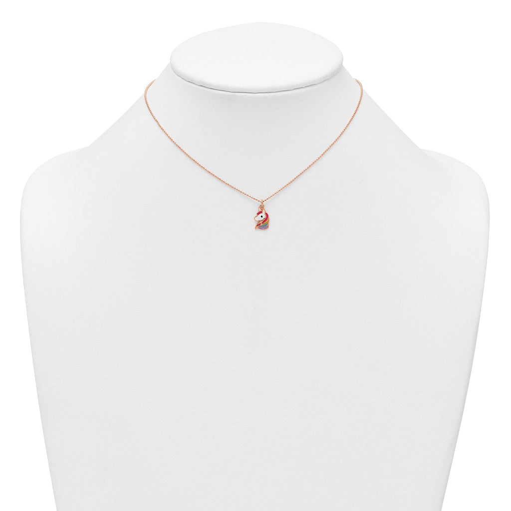 Sterling Silver Rose-tone Polished White and Rainbow Enameled Unicorn Childrens 14 inch Necklace