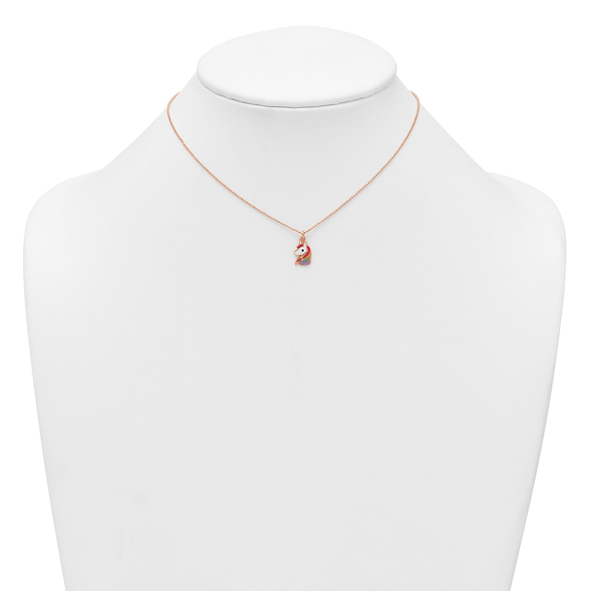 Sterling Silver Rose-tone Polished White and Rainbow Enameled Unicorn Childrens 14 inch Necklace