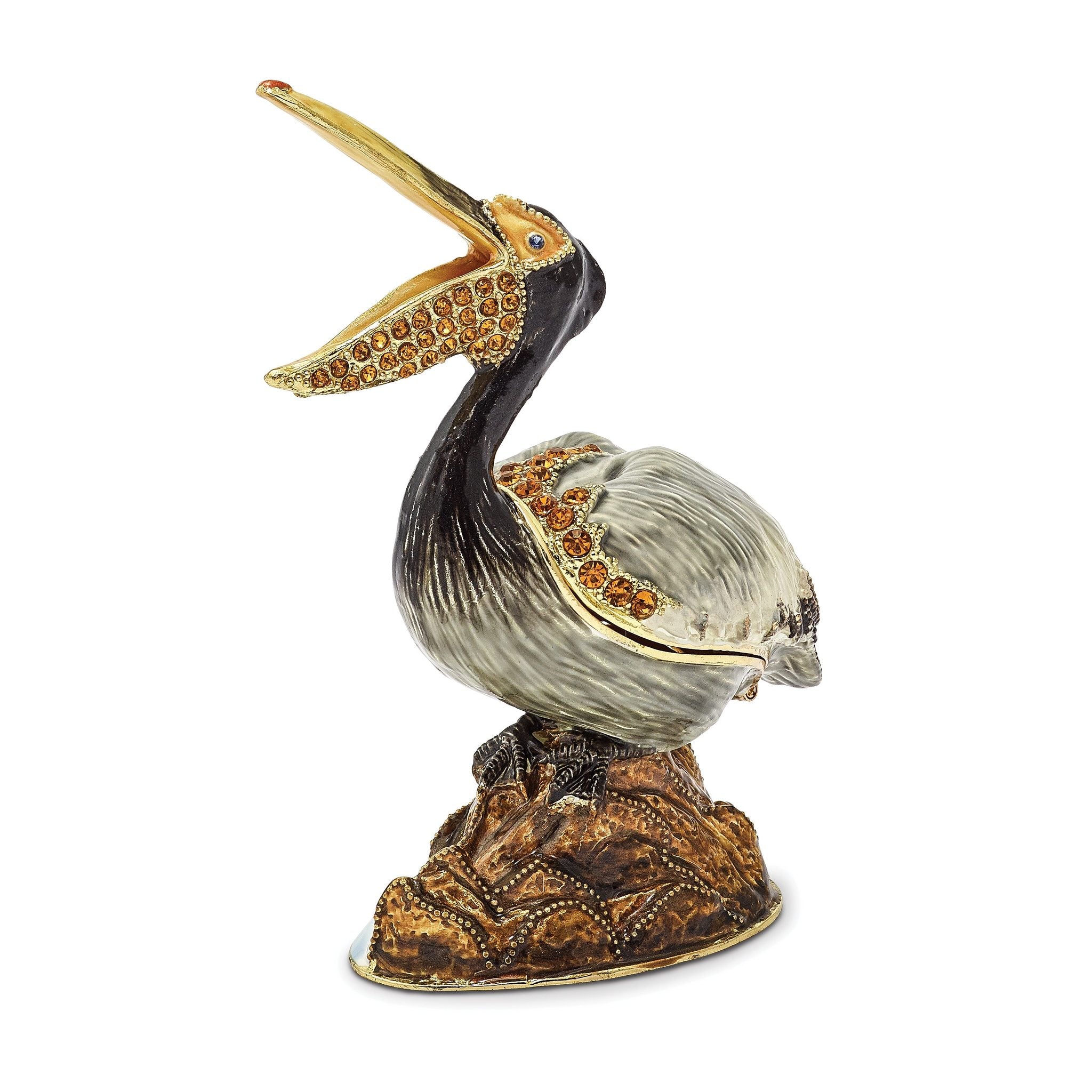 Luxury Giftware by Jere Pewter Bejeweled Crystals Gold-tone Enameled PATSY Pelican on Rocks Trinket Box with Matching 18 Inch Necklace Main image