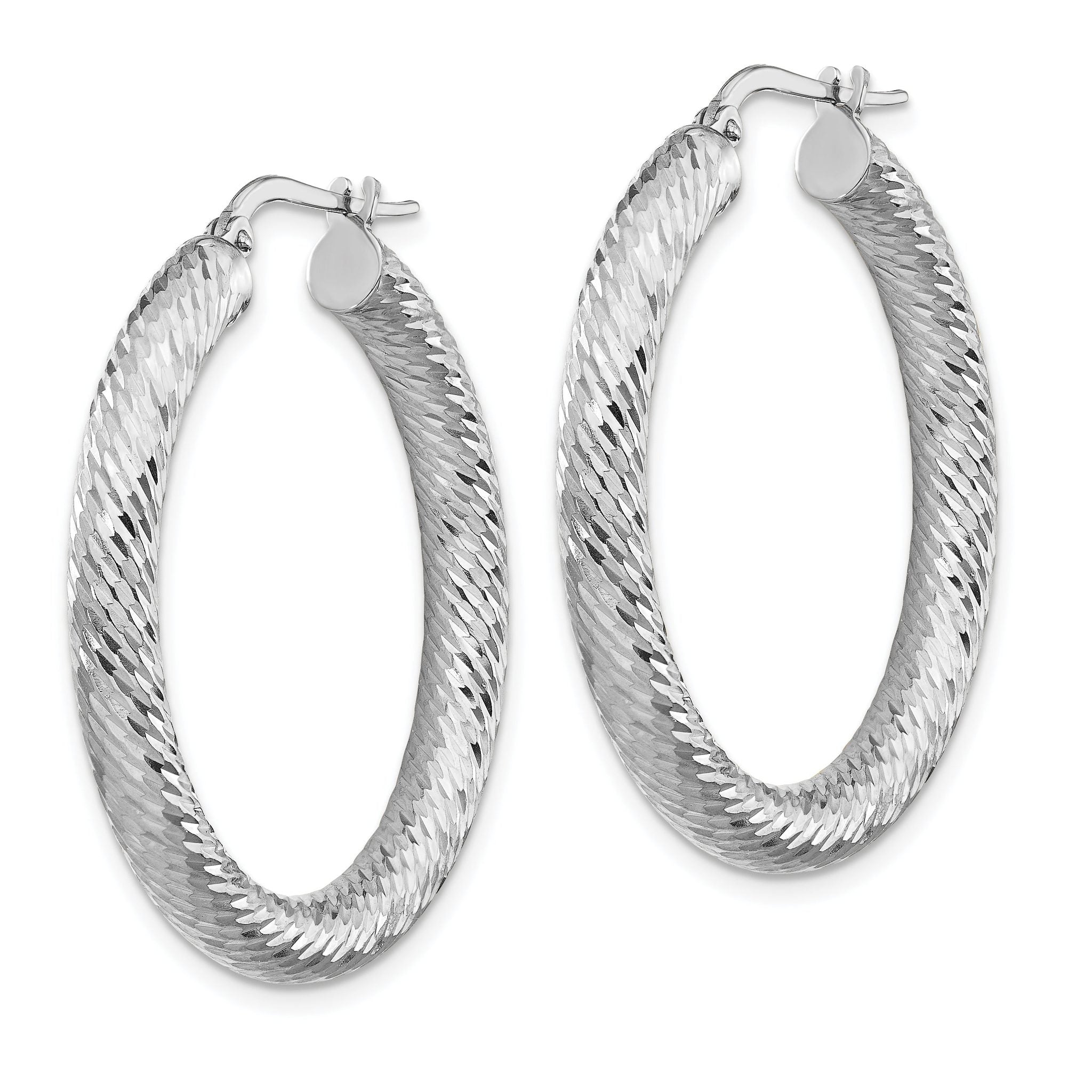14k 4x25mm White Gold Diamond-cut Round Hoop Earrings Secondary image