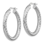 14k 4x25mm White Gold Diamond-cut Round Hoop Earrings
