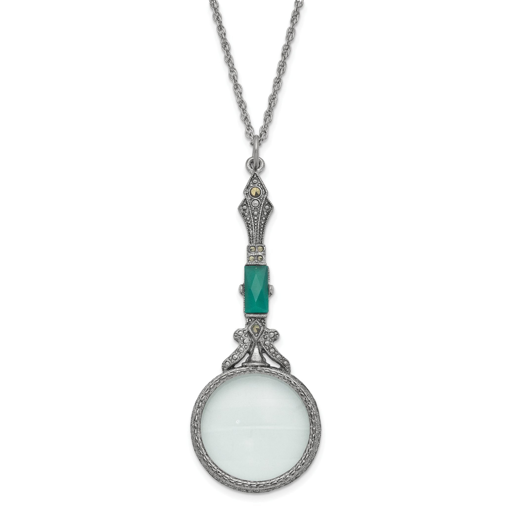 1928 Jewelry Silver-tone Hematite and Green Vintage Handle 4-5X Magnifying Glass 28 inch Necklace Main image