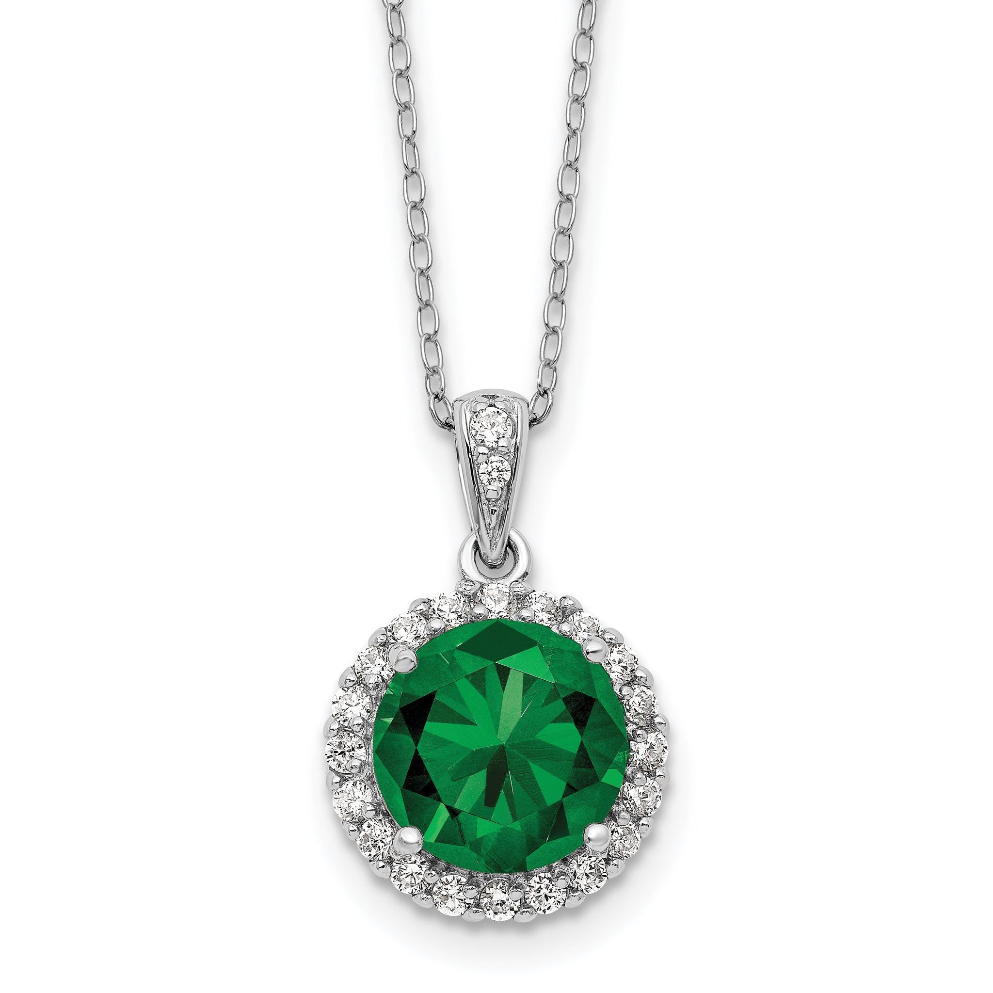 Cheryl M Sterling Silver Rhodium-plated Polished Green and White CZ Halo Circle 16 Inch with 2 Inch Extension Necklace Main image