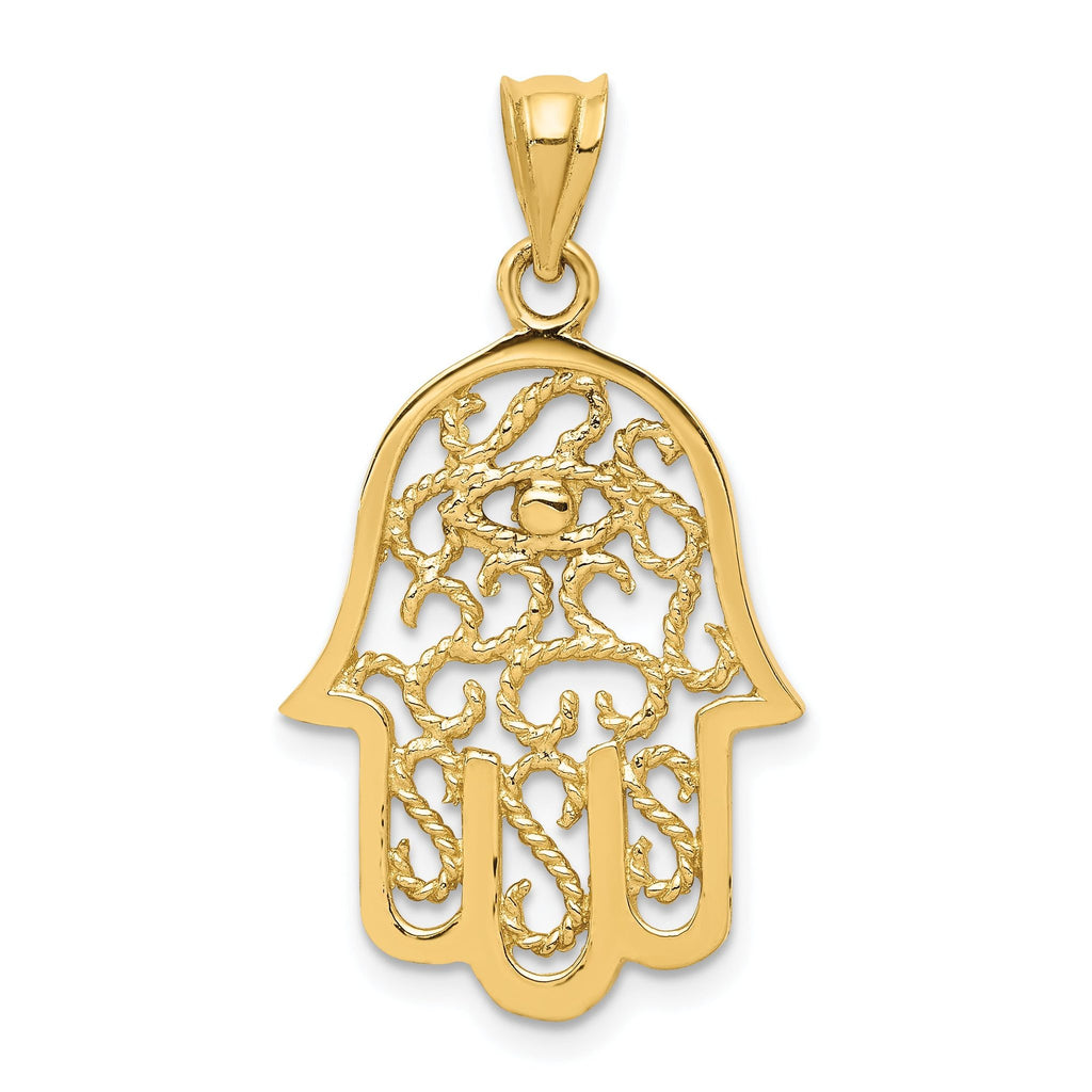 14K Gold Polished Filigree Hamsa Pendant with 3D Detailing