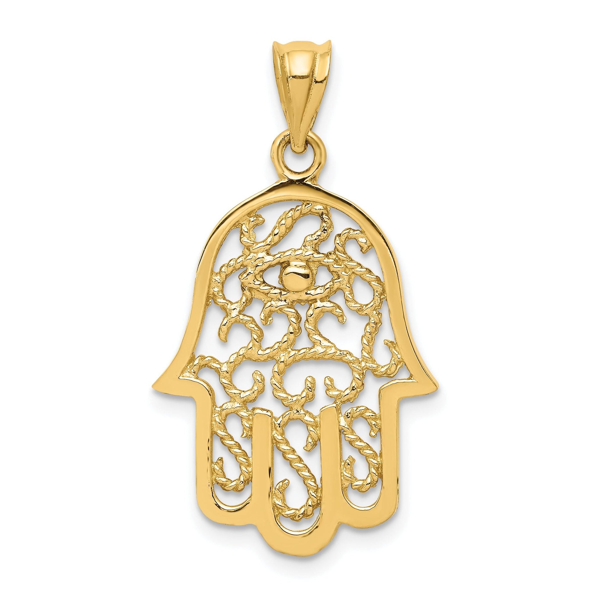 14K Gold Polished Filigree Hamsa Pendant with 3D Detailing
