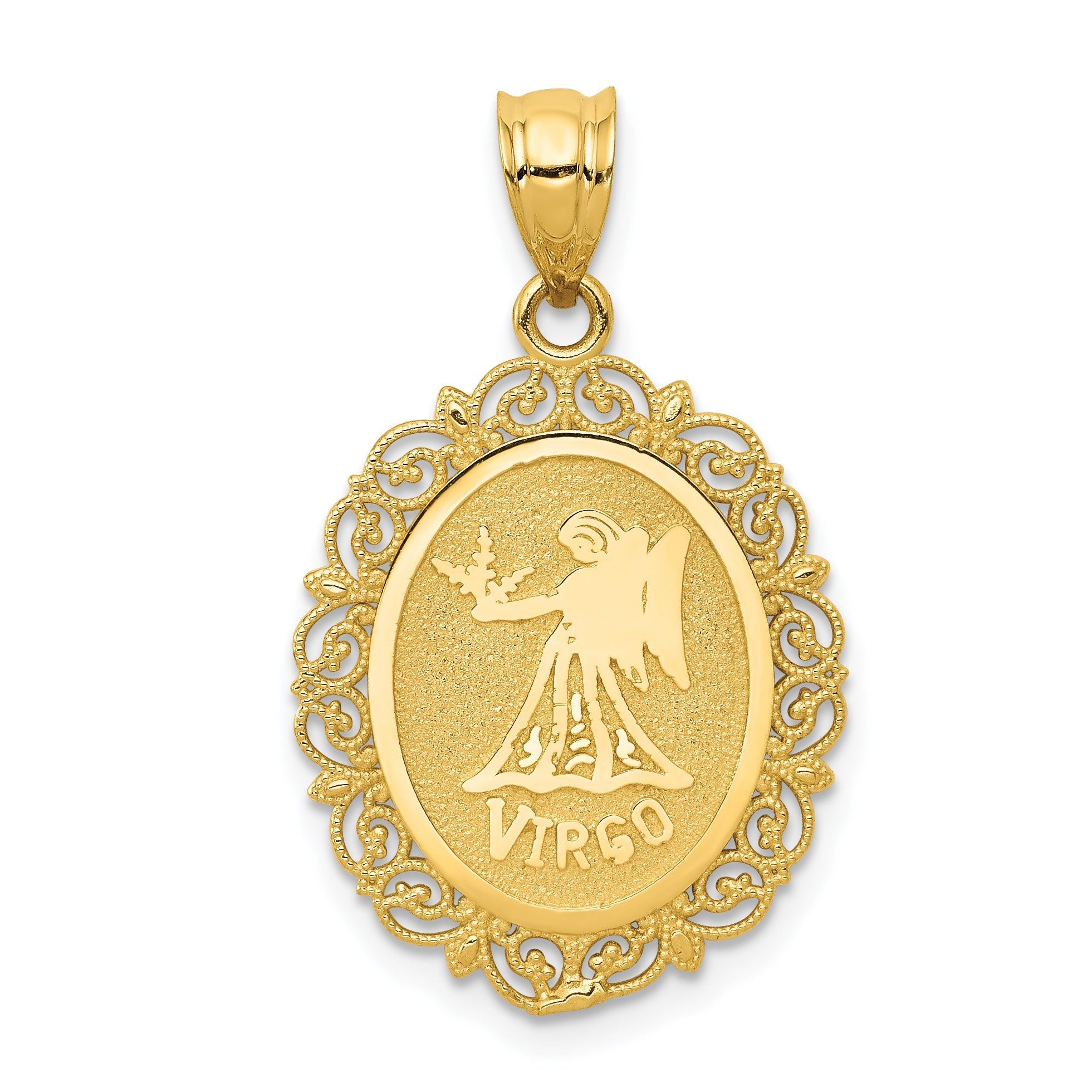 14k Gold Virgo Zodiac Pendant with Polished Satin Finish Solid Oval Design Main image