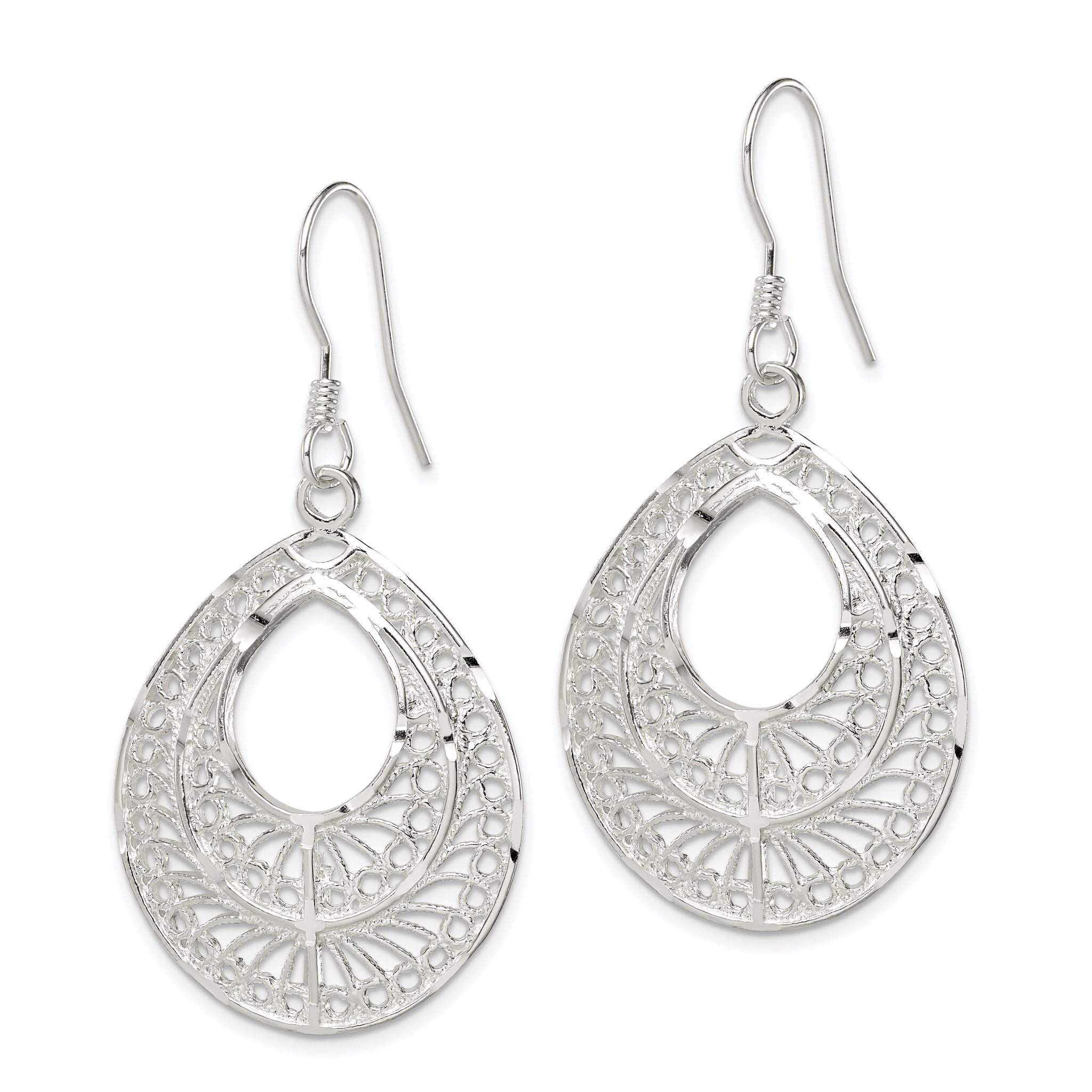 Sterling Silver Filigree Teardrop Dangle Earrings with Polished Diamond-Cut Finish Secondary image