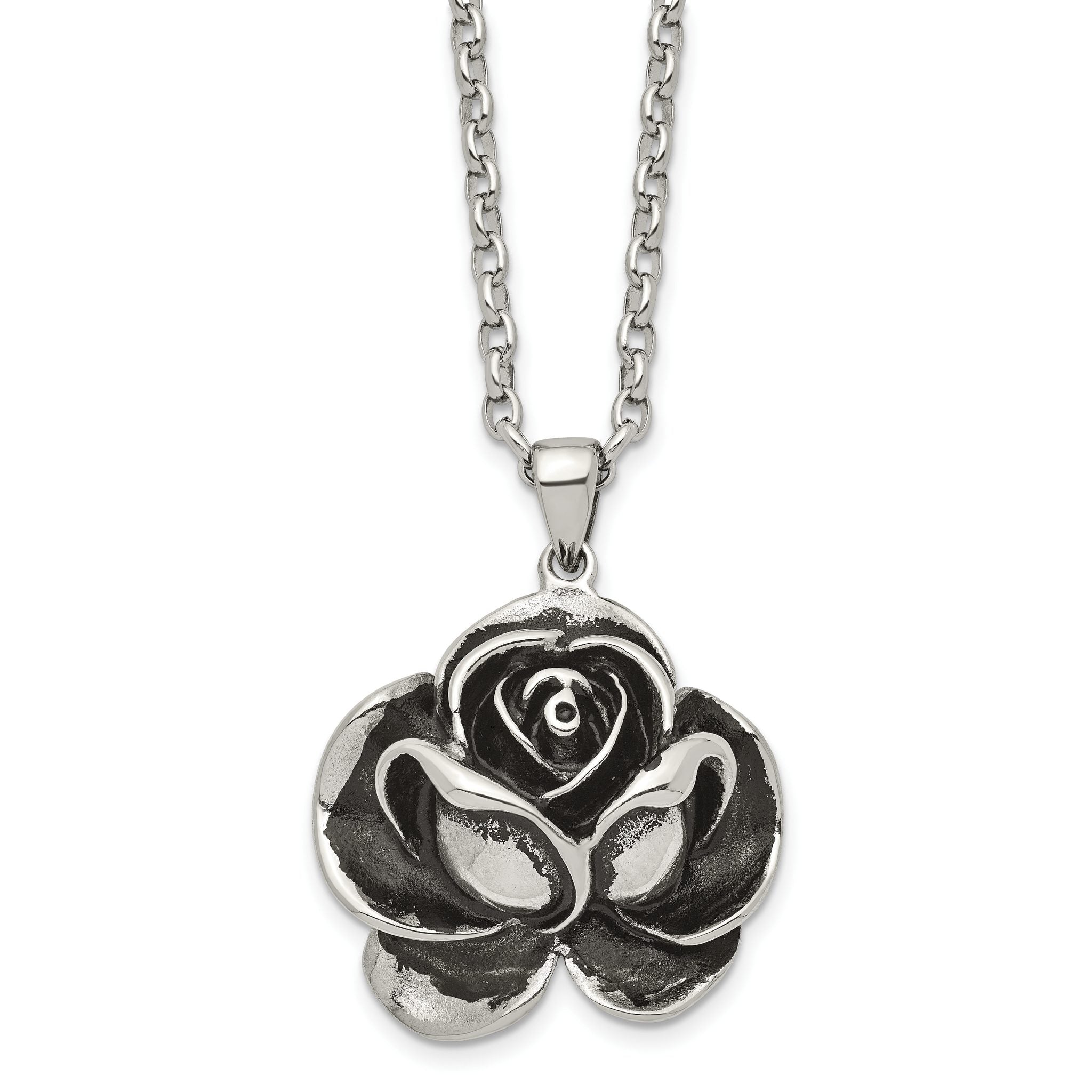 Chisel Stainless Steel Antiqued and Polished Flower Pendant on a 24 inch Cable Chain Necklace Main image