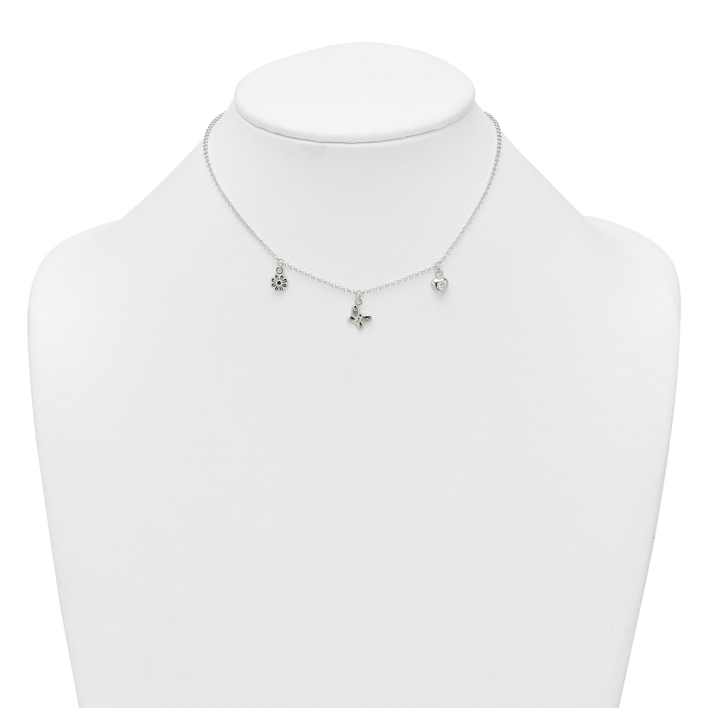 Sterling Silver Polished White CZ Heart/Flower/Butterfly Childrens 14 inch with 1 inch Extension Necklace