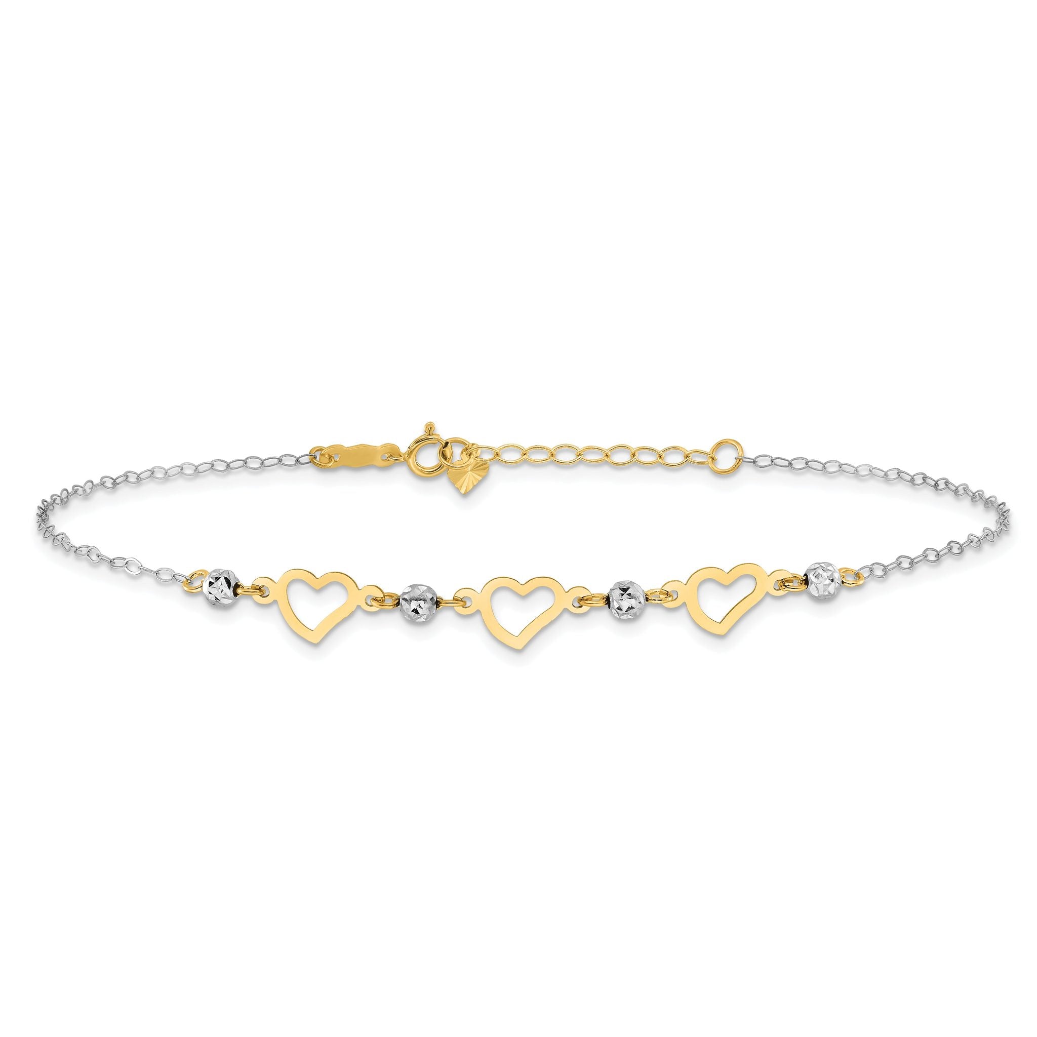 14K Two-tone Three Hearts and Diamond-cut Beads 9 inch Plus 1 inch Extender - Total 10 inch Anklet Secondary image