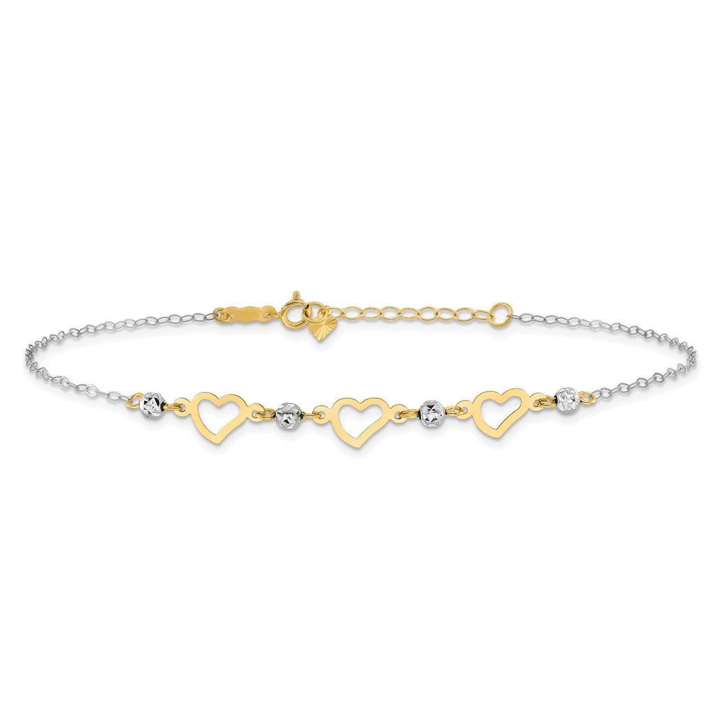 14K Two-tone Three Hearts and Diamond-cut Beads 9 inch Plus 1 inch Extender - Total 10 inch Anklet