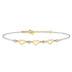 14K Two-tone Three Hearts and Diamond-cut Beads 9 inch Plus 1 inch Extender - Total 10 inch Anklet