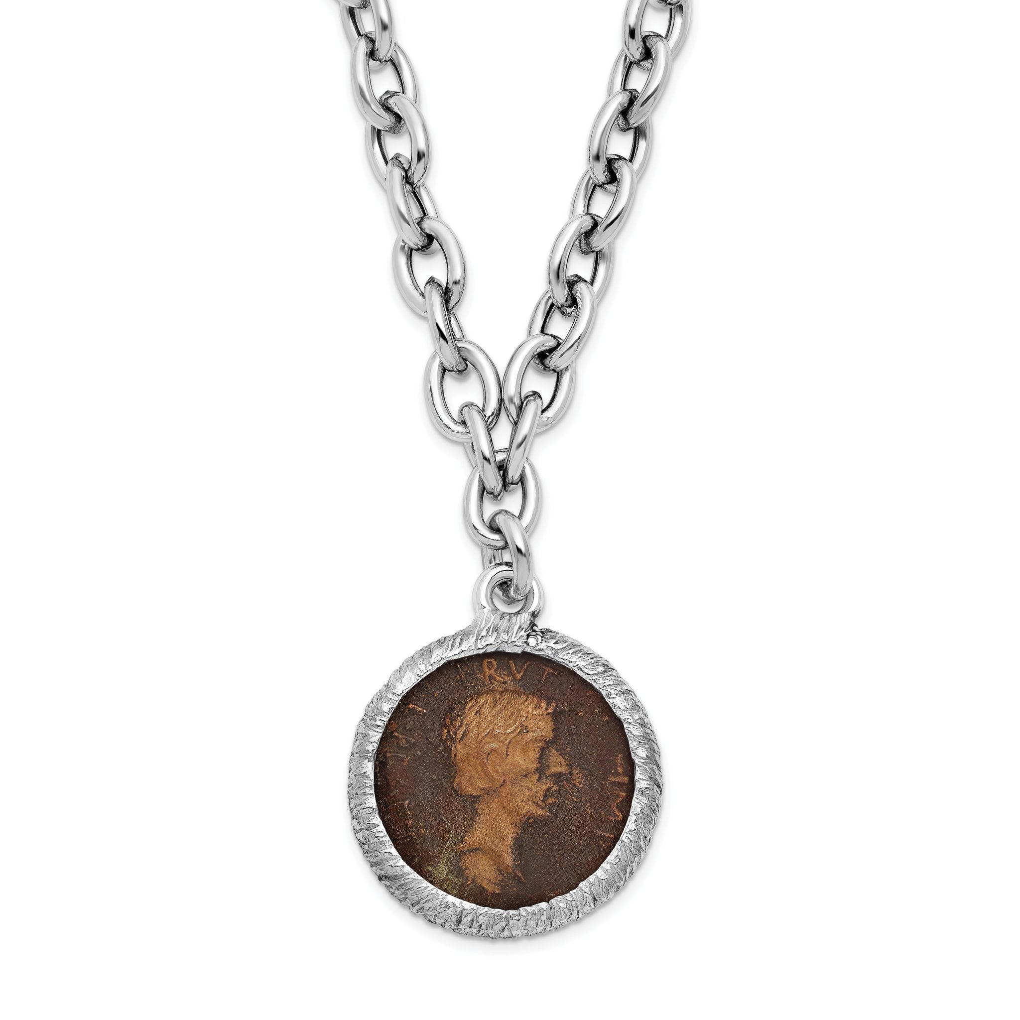 Sterling Silver Rhodium-Rhodium-Plated Bronze Roman Coin Necklace Main image