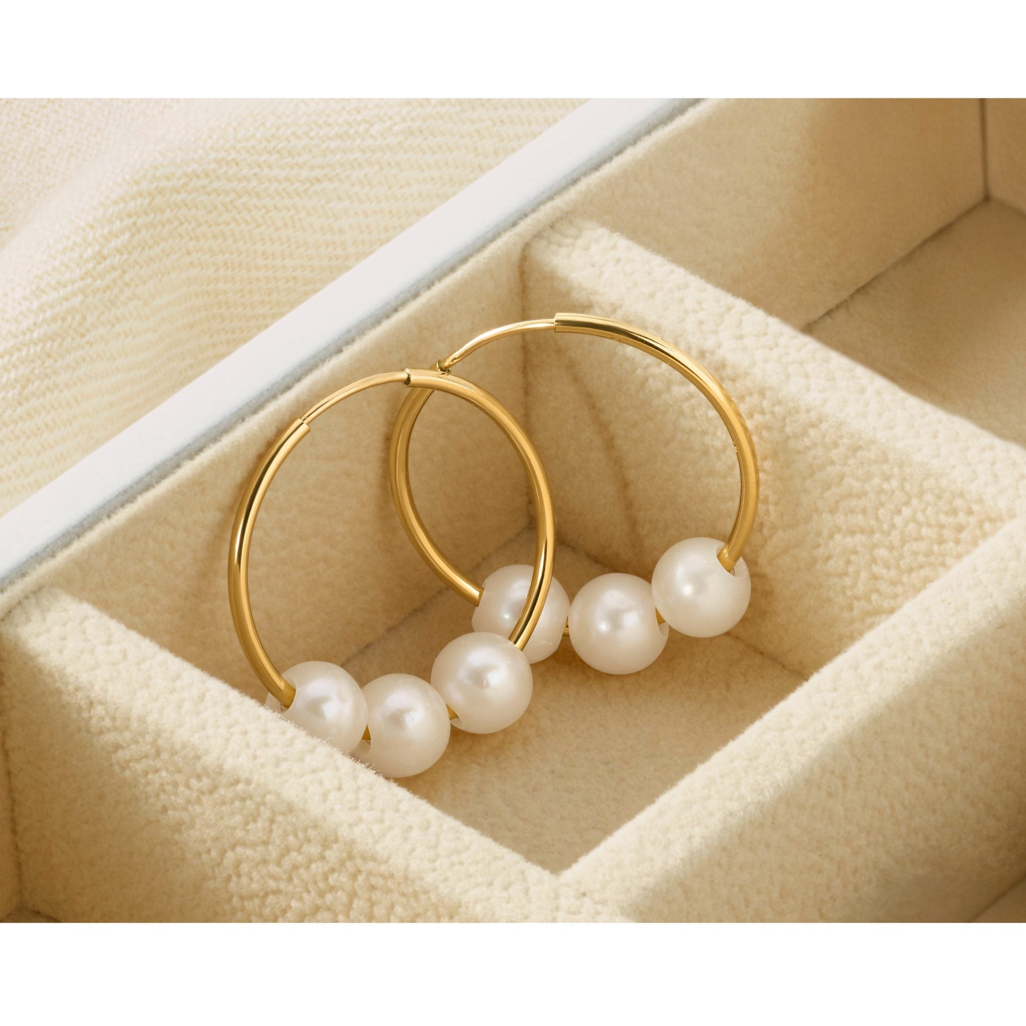 14K Gold Filled 5-6mm Three White Cultured Freshwater Pearl Hoop Earrings