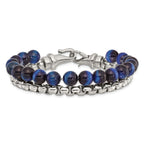 Stainless Steel Polished Box Chain and Blue Tiger's Eye Beads 2 Strand Bracelet