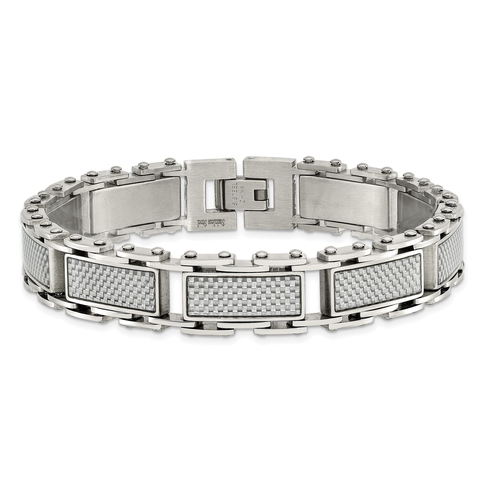 Stainless Steel Polished with Grey Carbon Fiber Inlay Link Bracelet for Men Secondary image