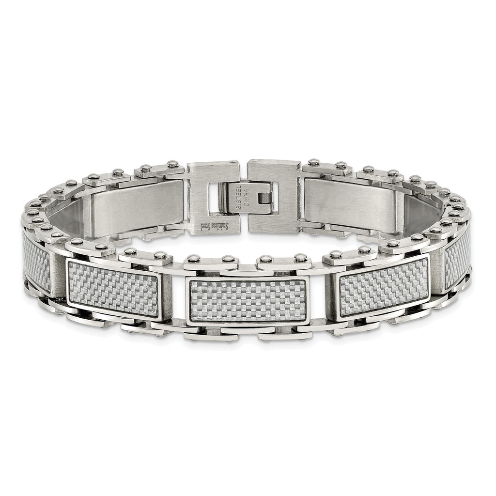 Stainless Steel Polished with Grey Carbon Fiber Inlay Link Bracelet for Men