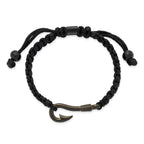Stainless Steel Brushed Gun Metal IP-plated Fishing Hook Black Nylon Adjustable Bracelet