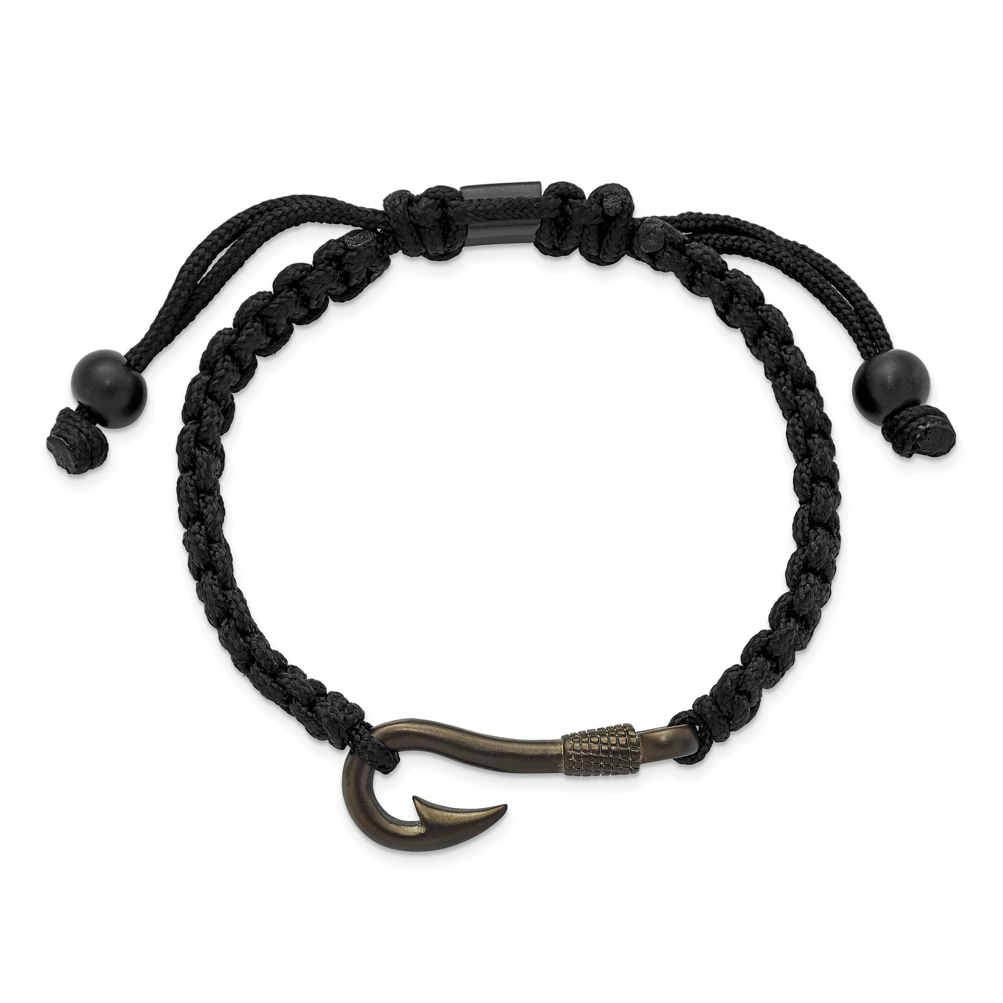 Stainless Steel Brushed Gun Metal IP-plated Fishing Hook Black Nylon Adjustable Bracelet