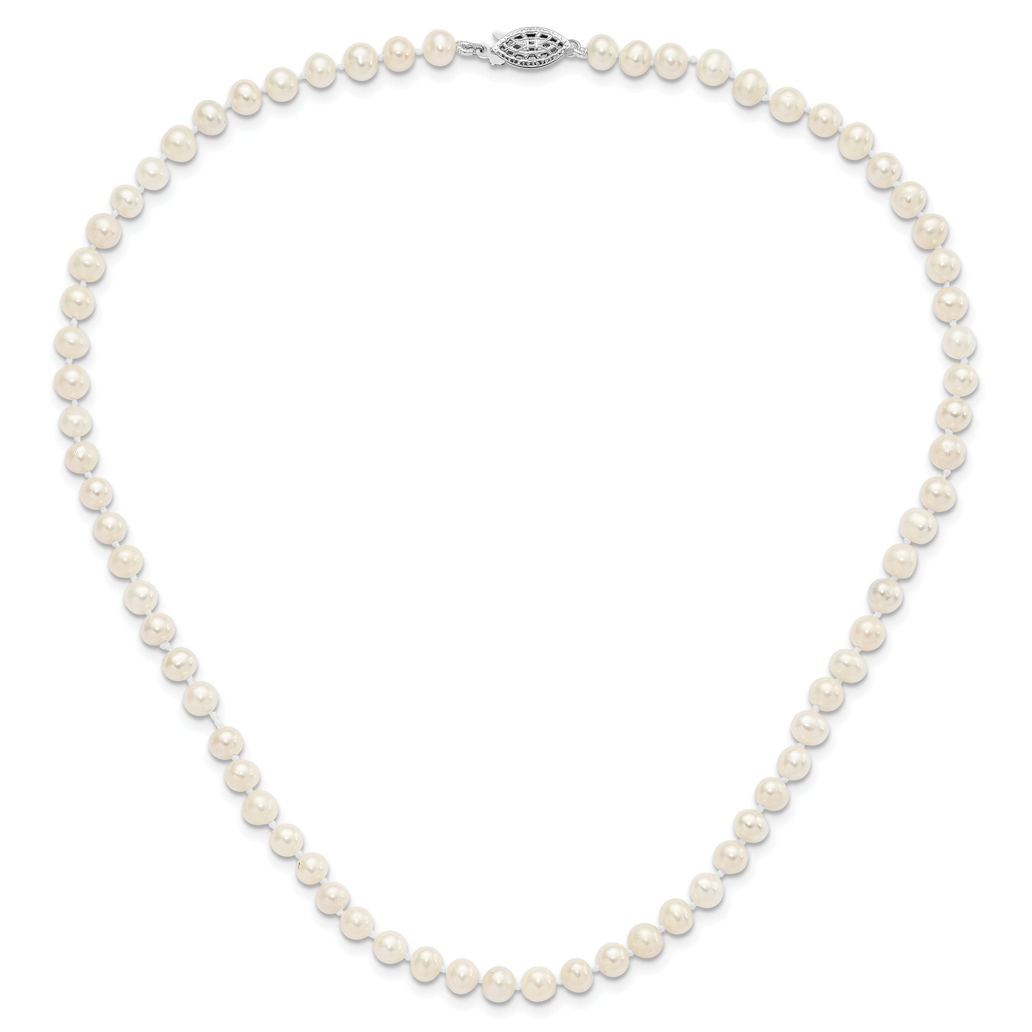 Sterling Silver Rhodium-plated 5-6mm White Near-Round Freshwater Cultured Pearl 16 inch Necklace