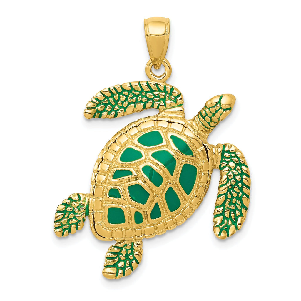 14K Gold 3D Sea Turtle Pendant with Green Enamel Detailing  Polished Finish