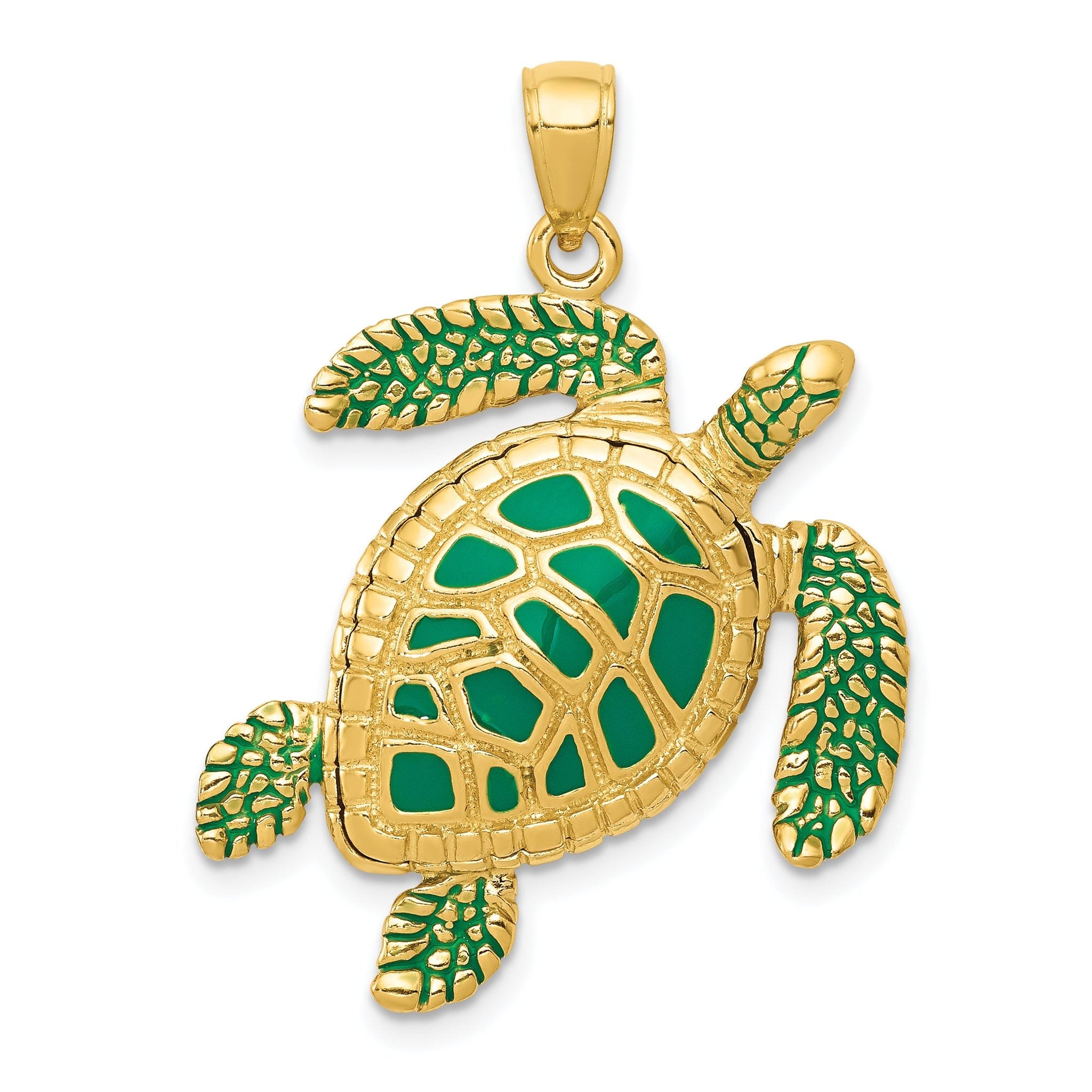 14K Gold 3D Sea Turtle Pendant with Green Enamel Detailing  Polished Finish