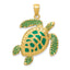 14K Gold 3D Sea Turtle Pendant with Green Enamel Detailing  Polished Finish