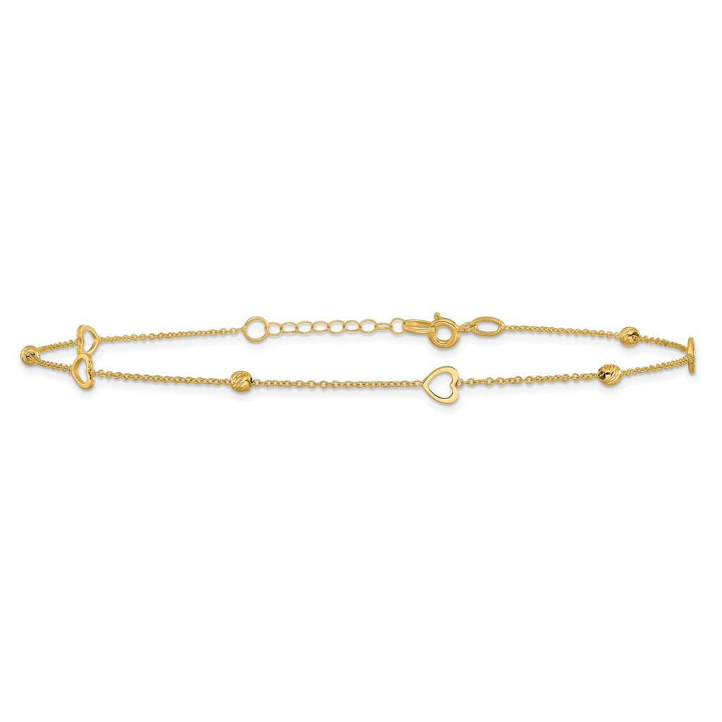 10K Polished and Dia-cut Heart 10in Plus 1in ext. Anklet