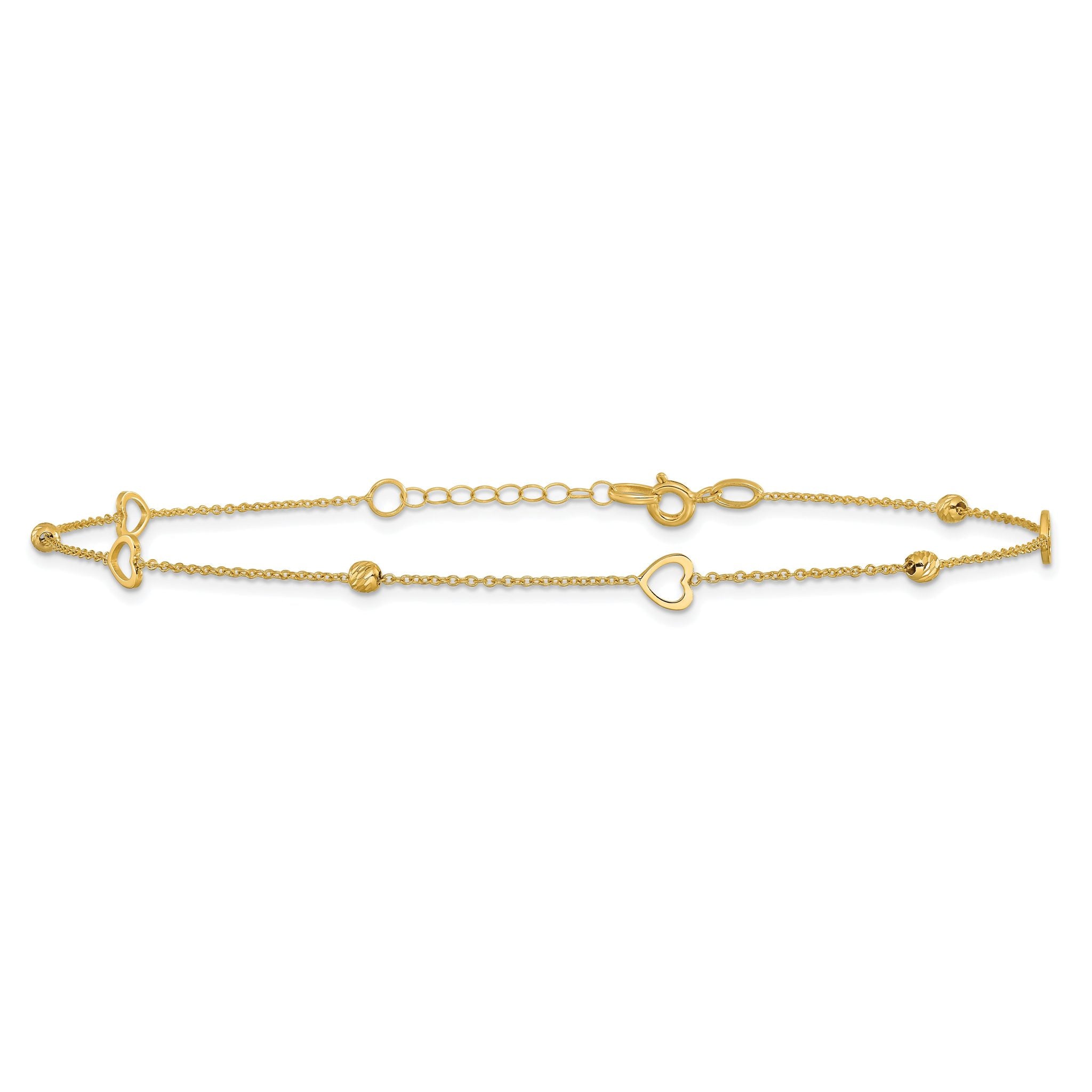 10K Polished and Dia-cut Heart 10in Plus 1in ext. Anklet