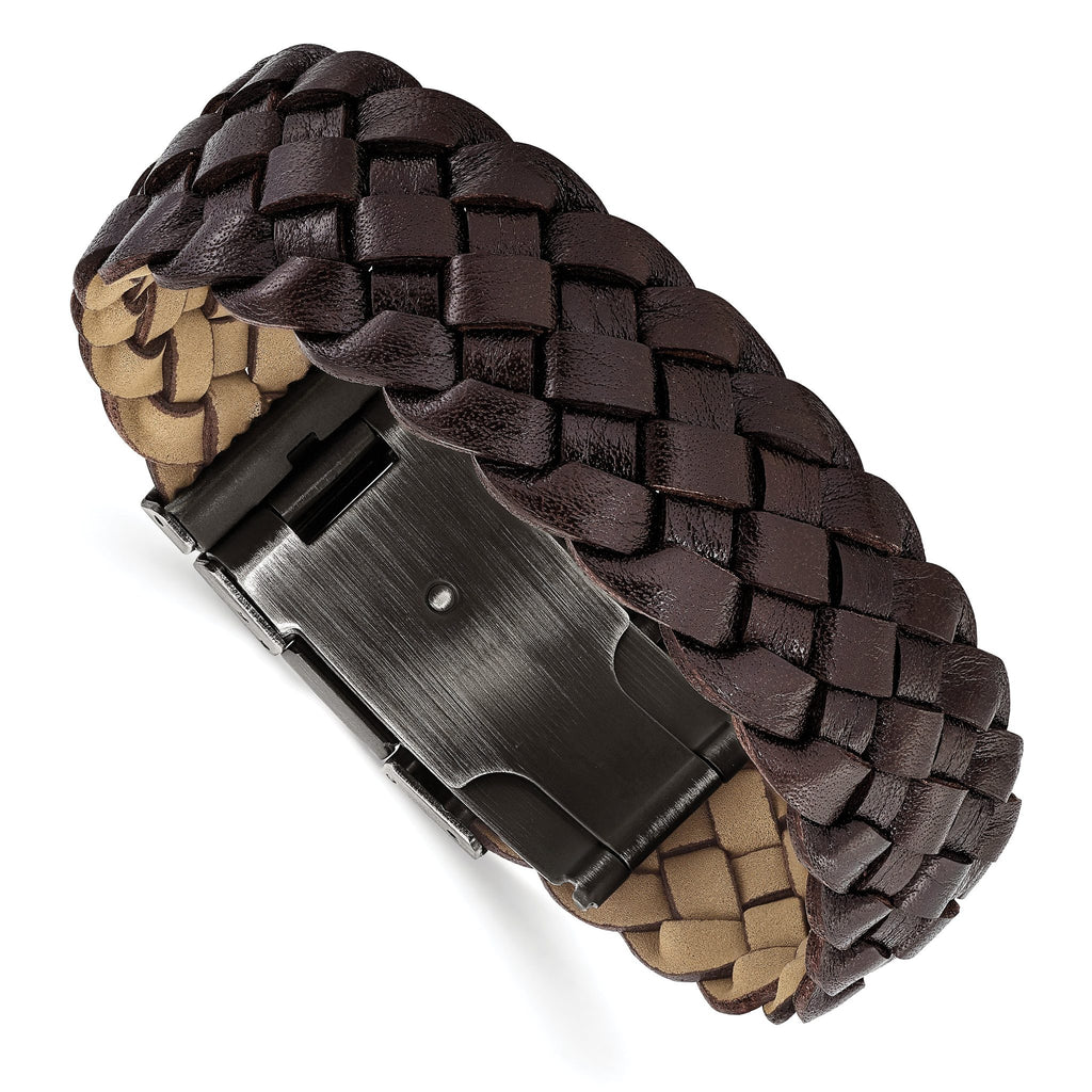 Stainless Steel Antiqued and Brushed Brown Braided Leather Bracelet for Men