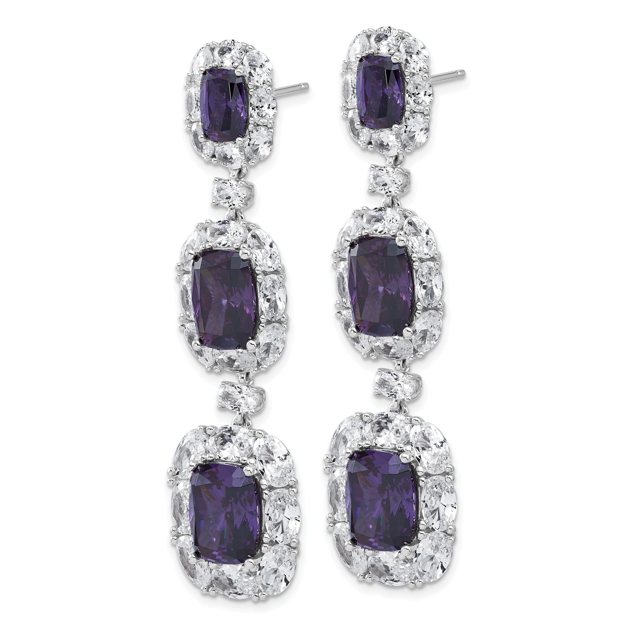 Cheryl M Sterling Silver Rhodium-plated Polished Fancy Purple and White CZ Halo Cluster Post Dangle Earrings Secondary image