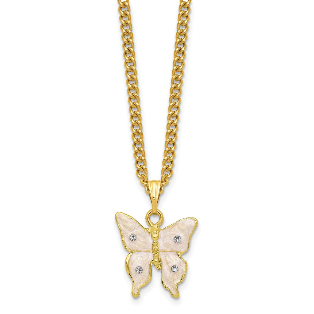 Luxury Giftware by Jere Pewter Bejeweled Crystals Gold-tone Enameled BLUSH Pink Butterfly on Heart Trinket Box with Matching 18 Inch Necklace