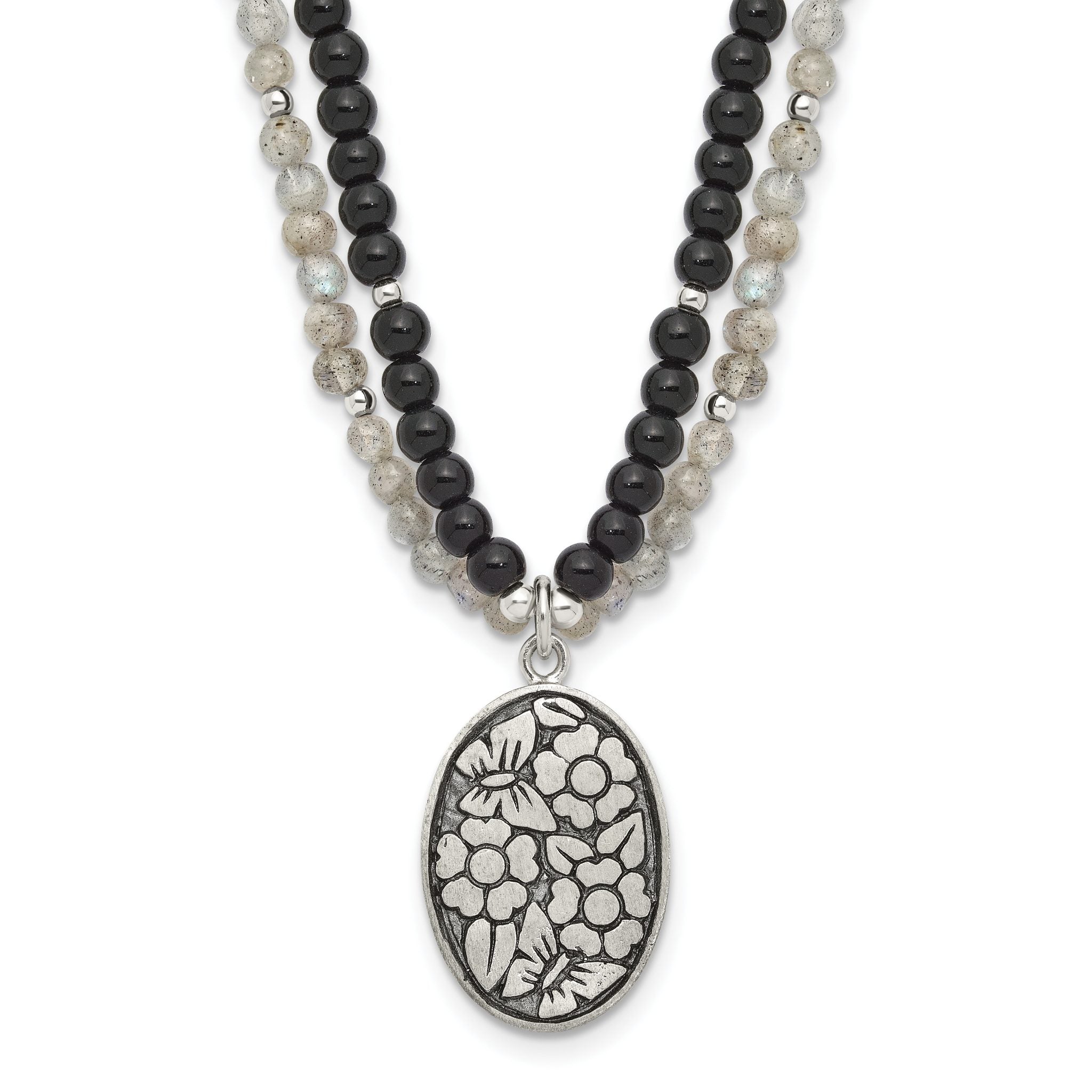 Sterling Silver Antiqued Agate,Labradorite,Quartz Flower 2in ext Necklac Main image