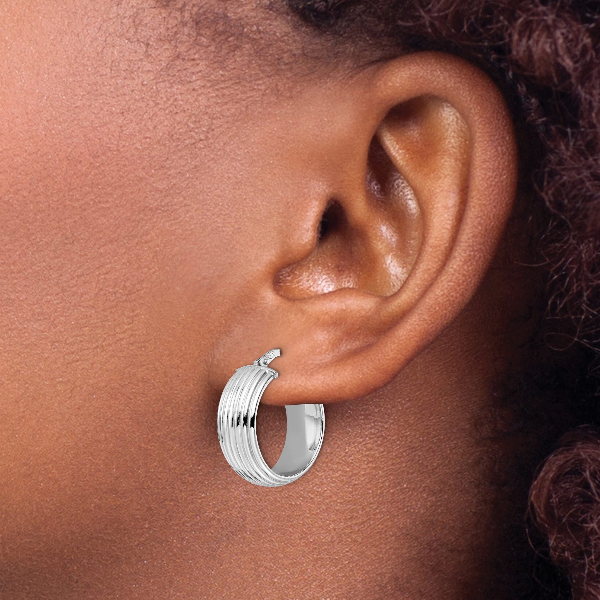 Sterling Silver Rhod-plated Polished Grooved Hoop Earrings
