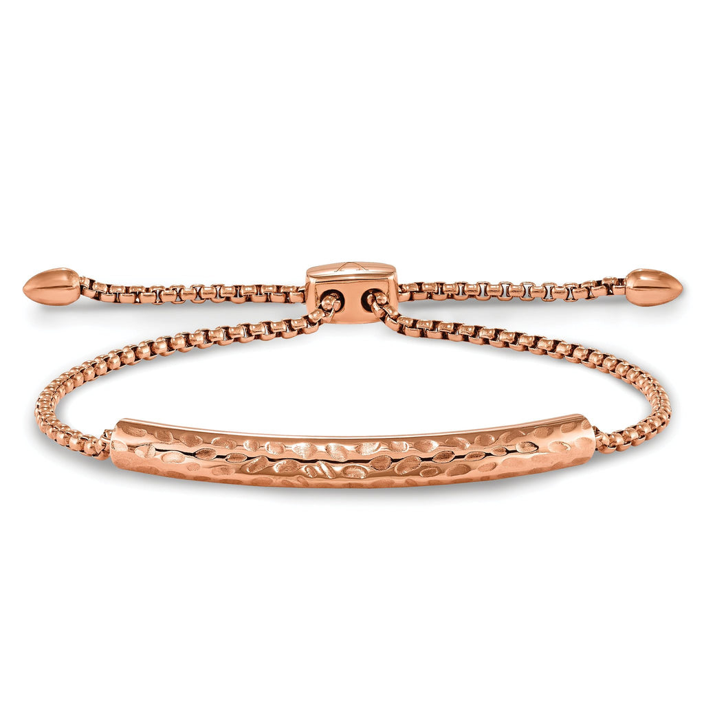 Stainless Steel Polished and Hammered Rose IP-plated Adjustable Bar Bracelet for Women