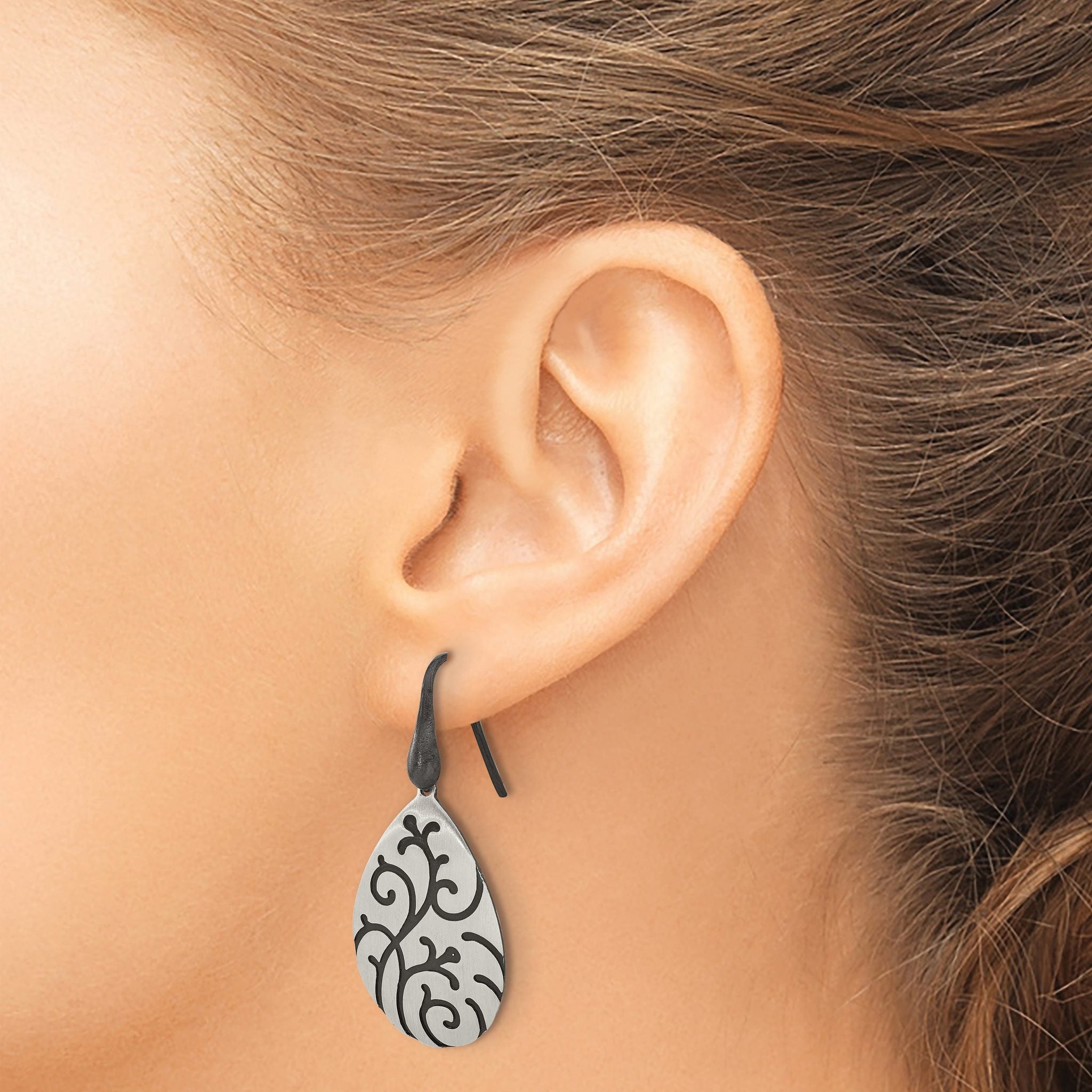 Sterling Silver Brushed Oxidize Burnished Swirl Pear Shape Earrings