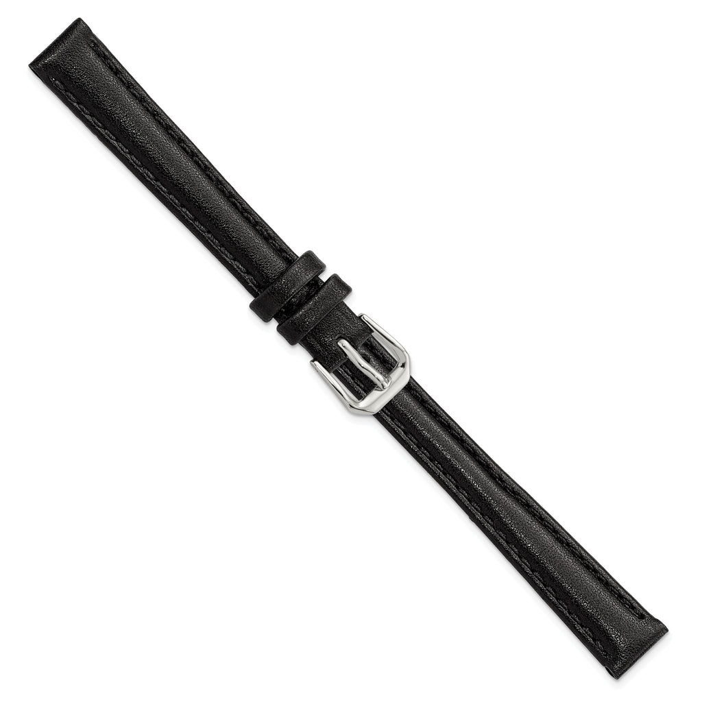 Long Smooth Leather Watch Band in Black with Silver-Tone Buckle, 16mm