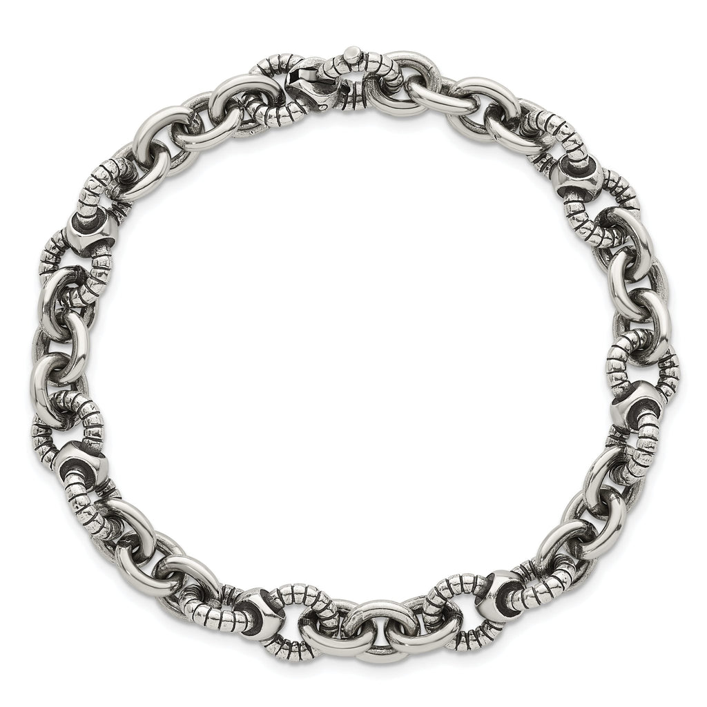 Sterling Silver Oxidized Polished and Textured Round Fancy Cable Link Mens 8.25 inch Bracelet