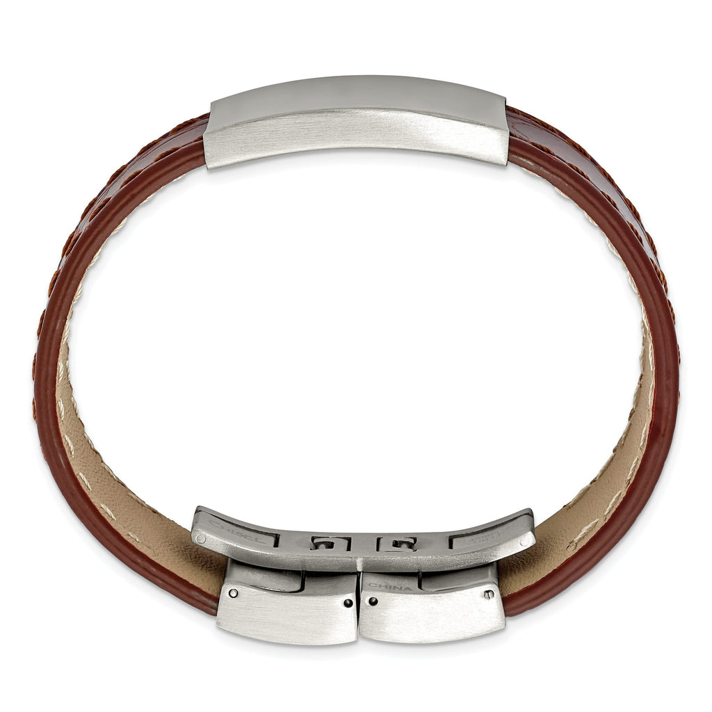 Stainless Steel Brushed Medium Brown Leather ID Bracelet for Men