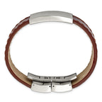 Stainless Steel Brushed Medium Brown Leather ID Bracelet for Men